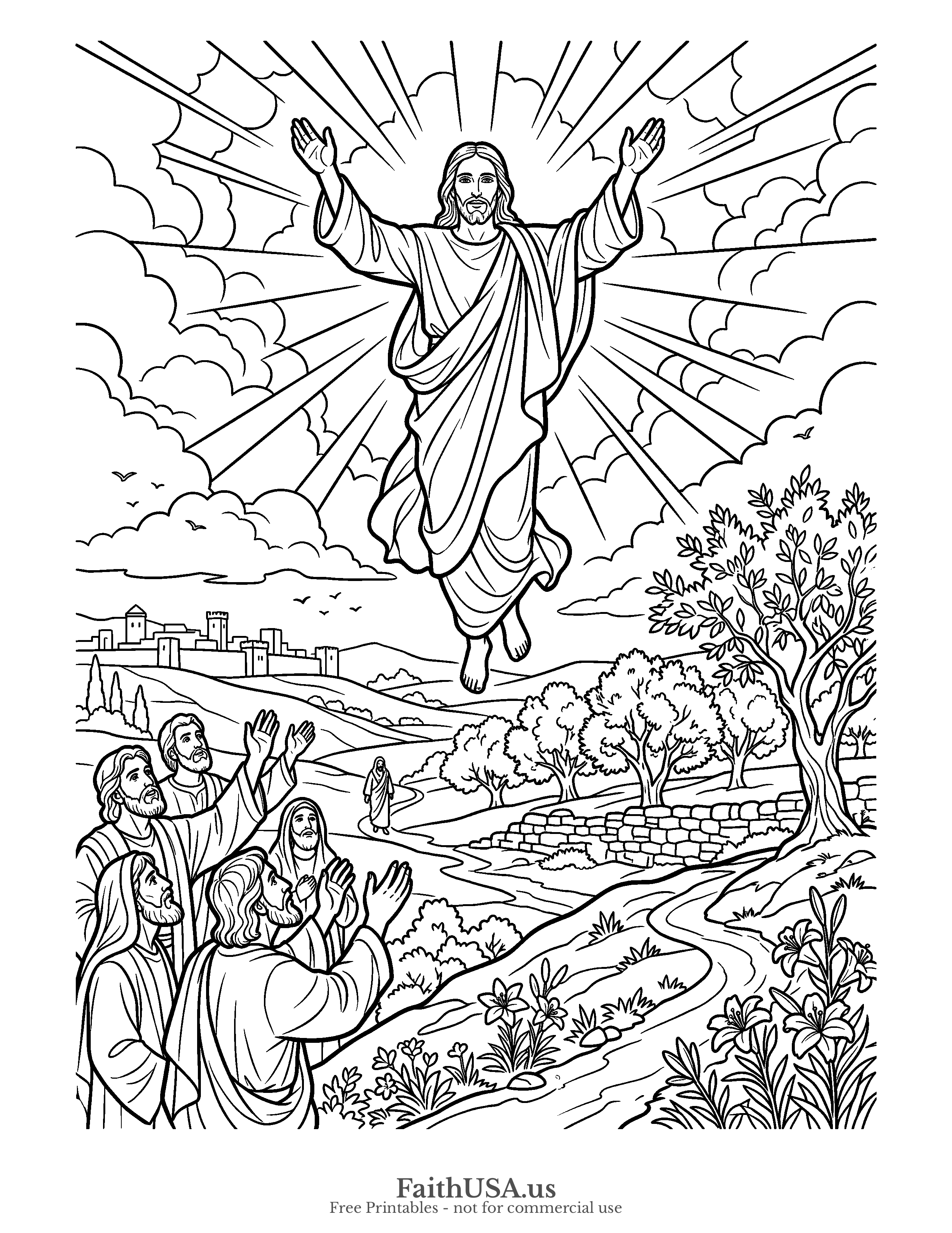 Easter coloring page featuring Ascension in simple black-and-white line art