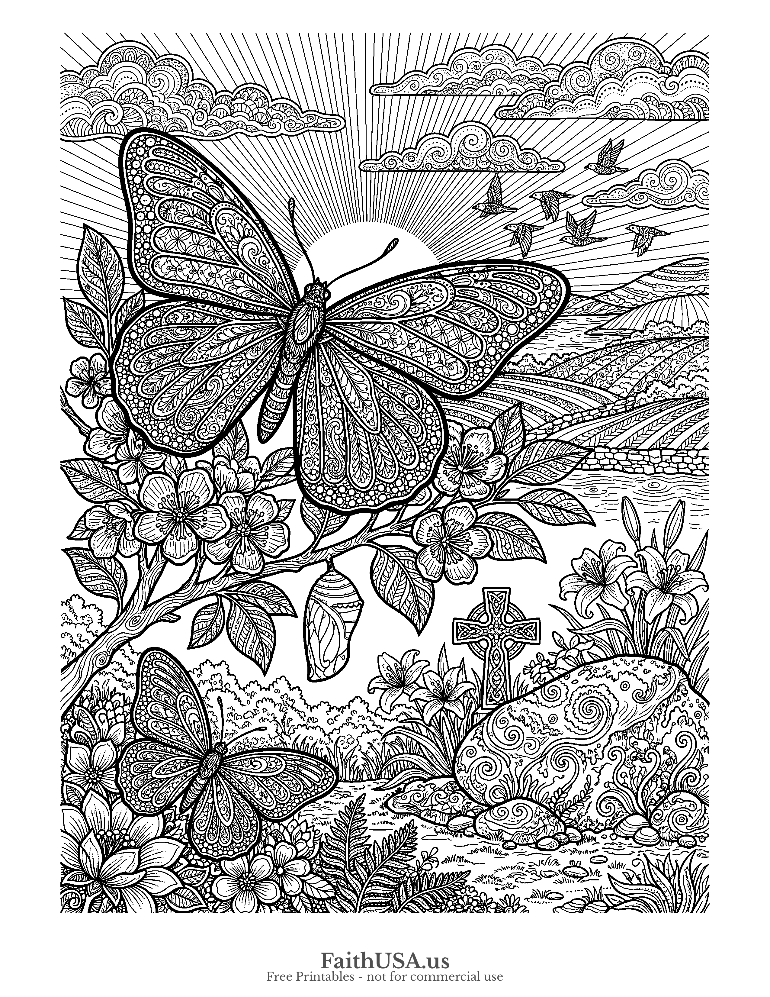 Easter coloring page featuring Butterfly Resurrection in detailed black-and-white line art