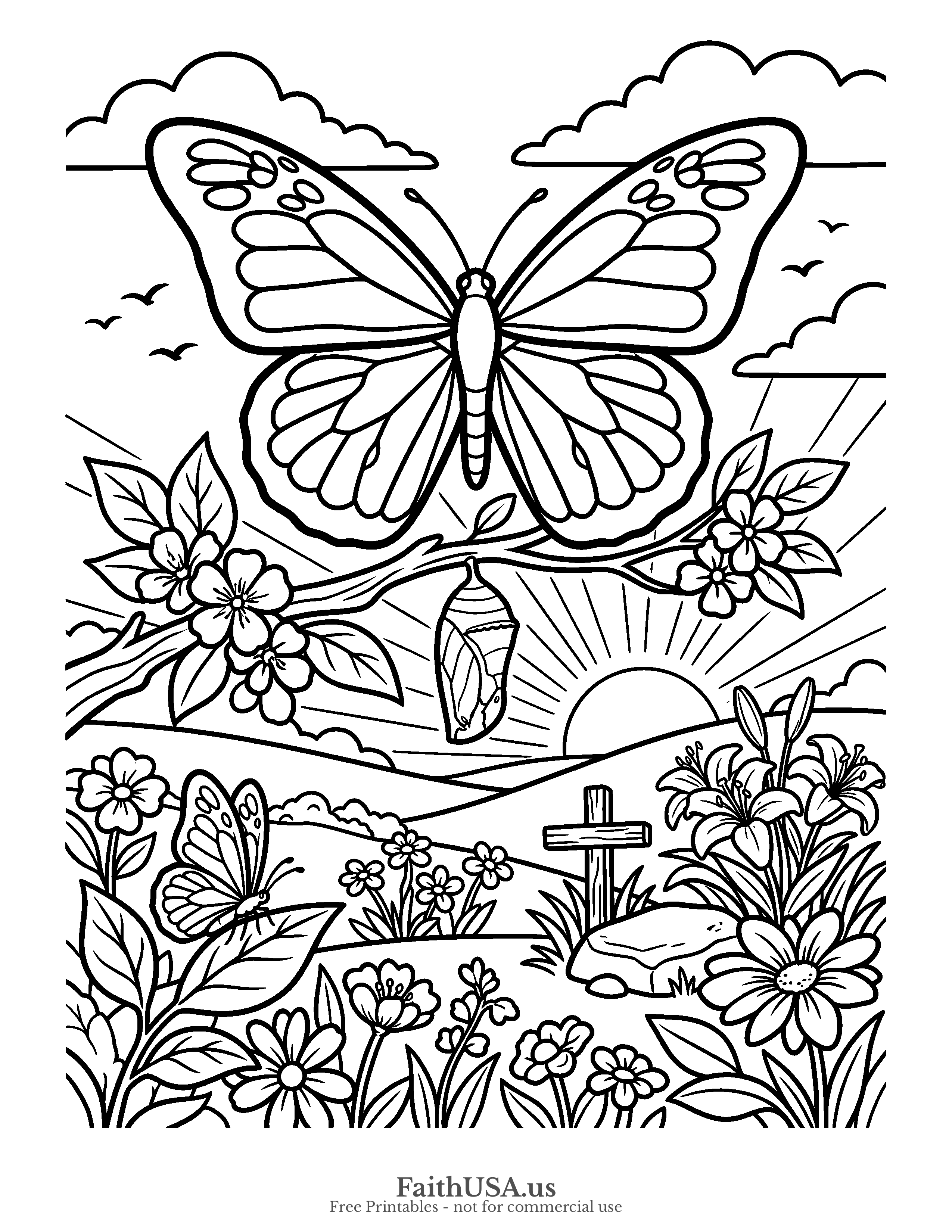 Easter coloring page featuring Butterfly Resurrection in simple black-and-white line art