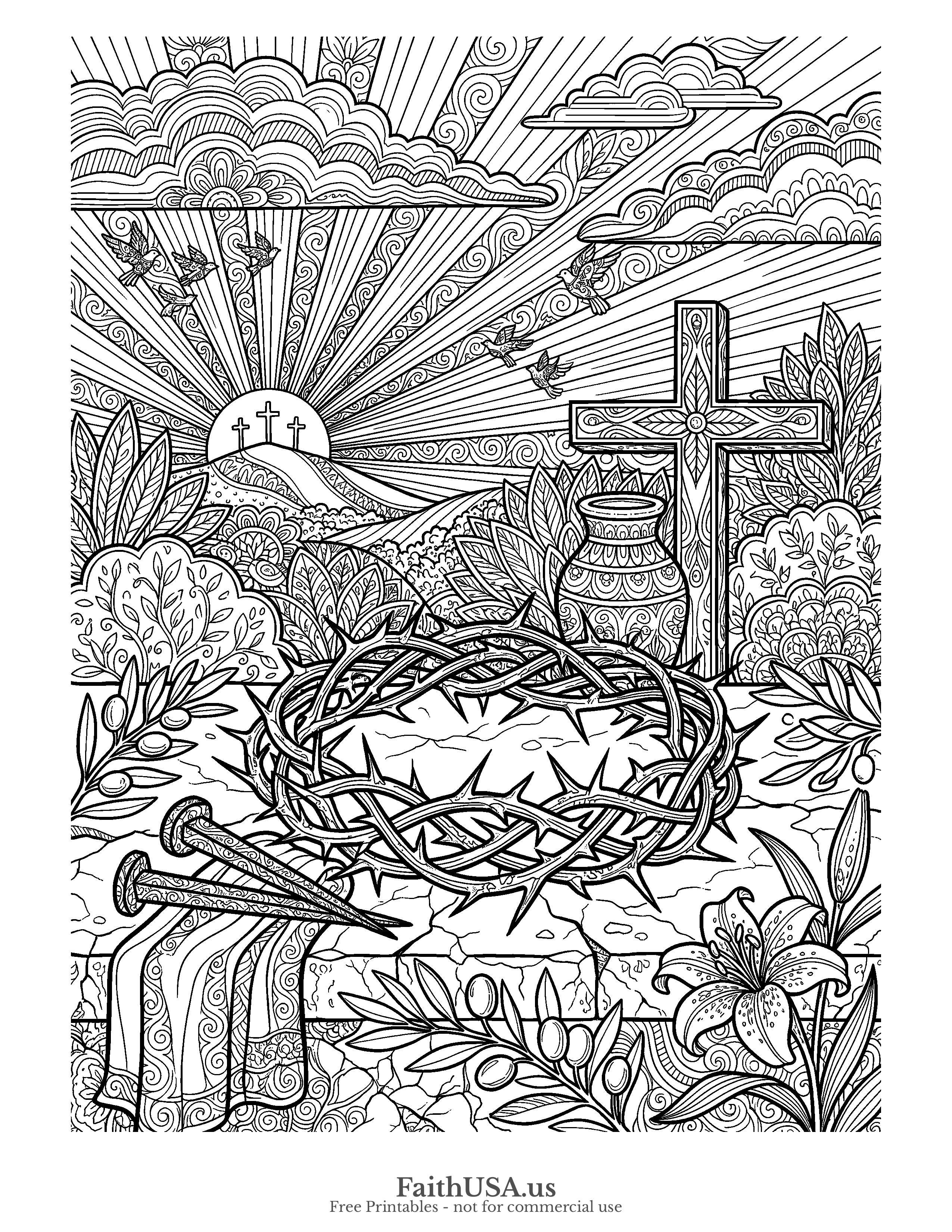 Easter coloring page featuring Crown of Thorns in detailed black-and-white line art