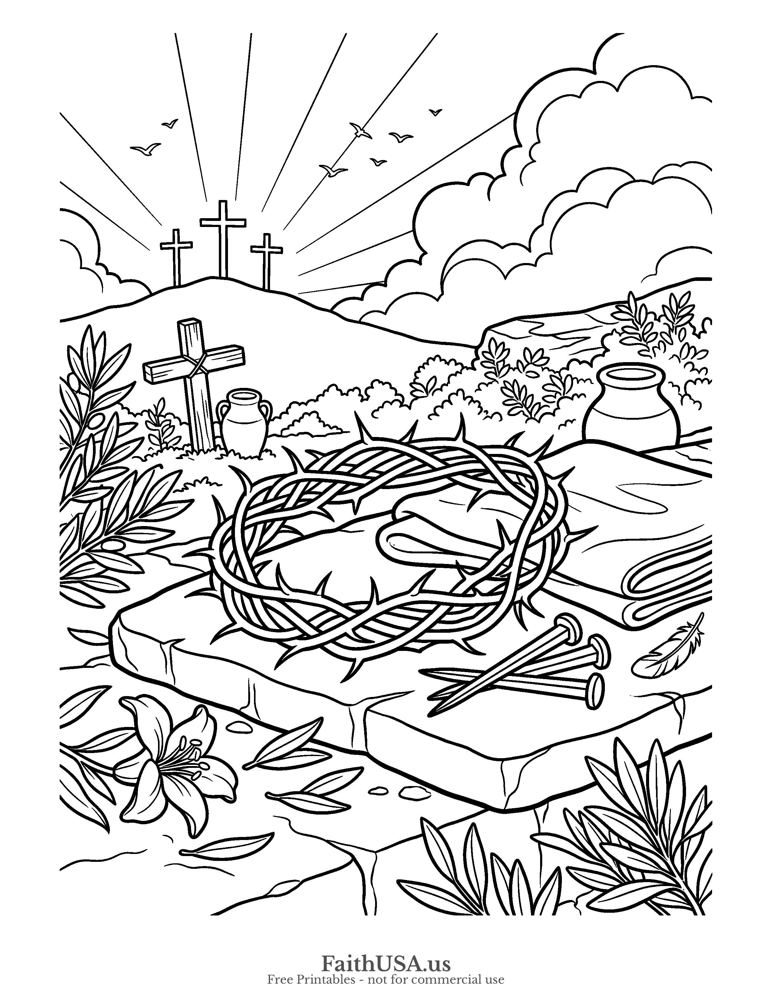 Easter coloring page featuring Crown of Thorns in simple black-and-white line art