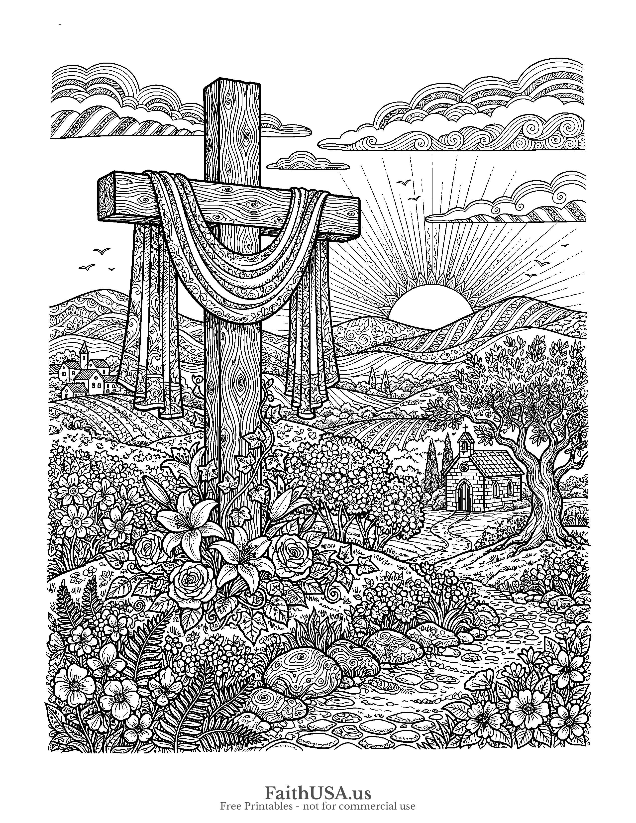 Easter coloring page featuring Easter Cross in detailed black-and-white line art