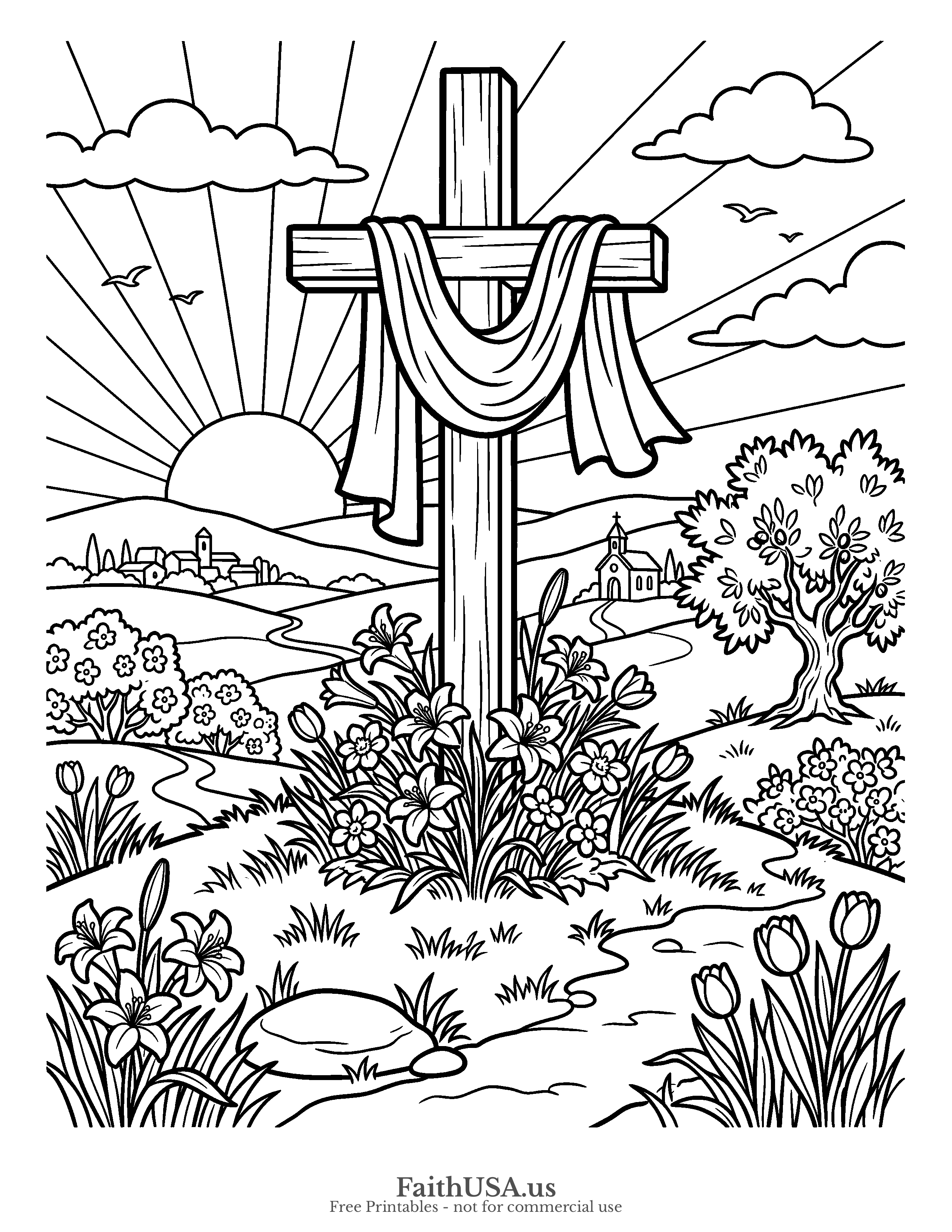 Easter coloring page featuring Easter Cross in simple black-and-white line art