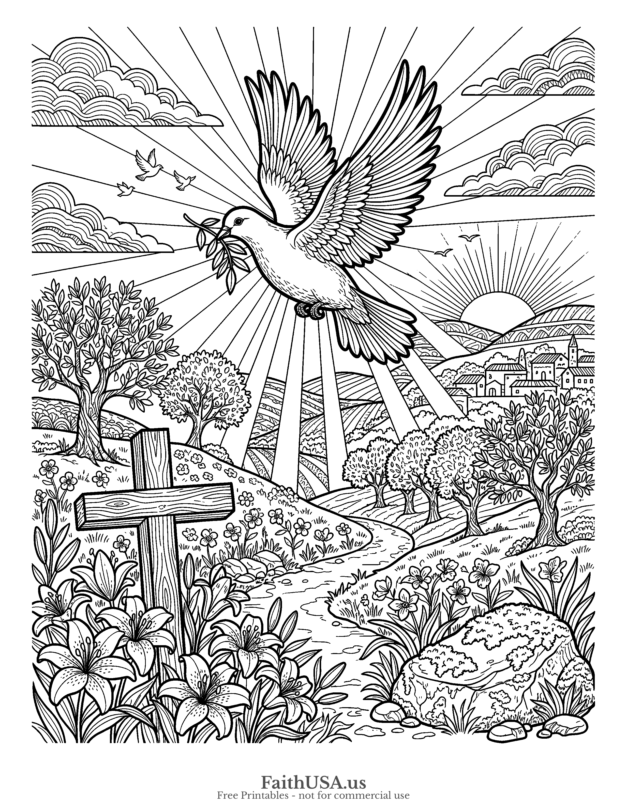 Easter coloring page featuring Easter Dove in detailed black-and-white line art