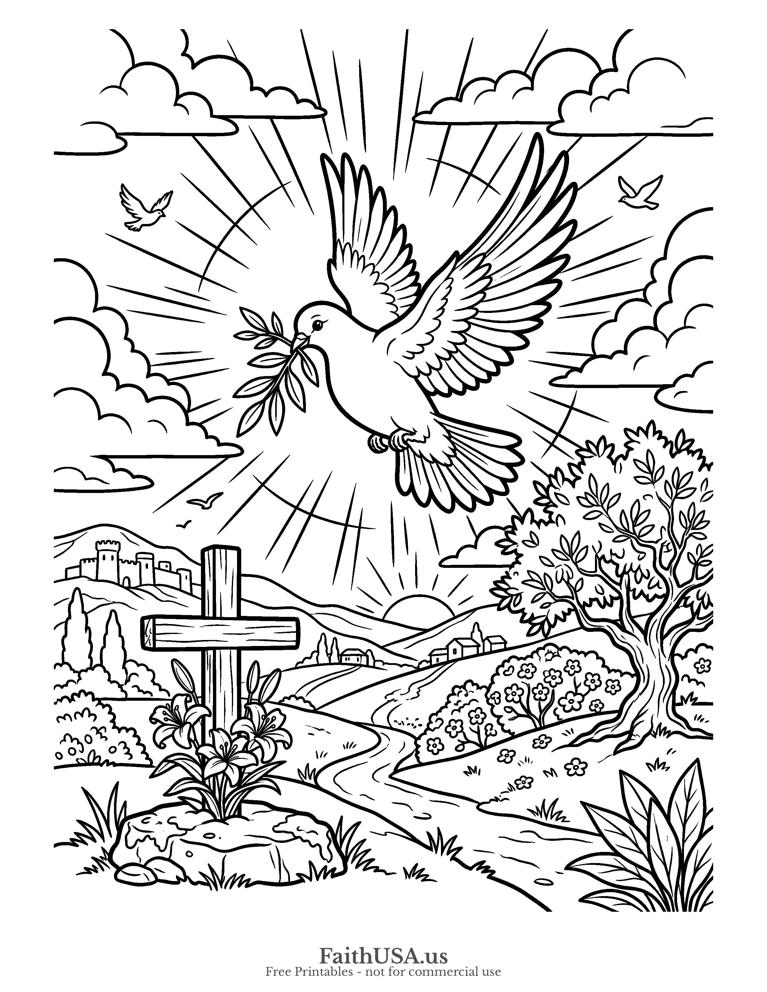 Easter coloring page featuring Easter Dove in simple black-and-white line art