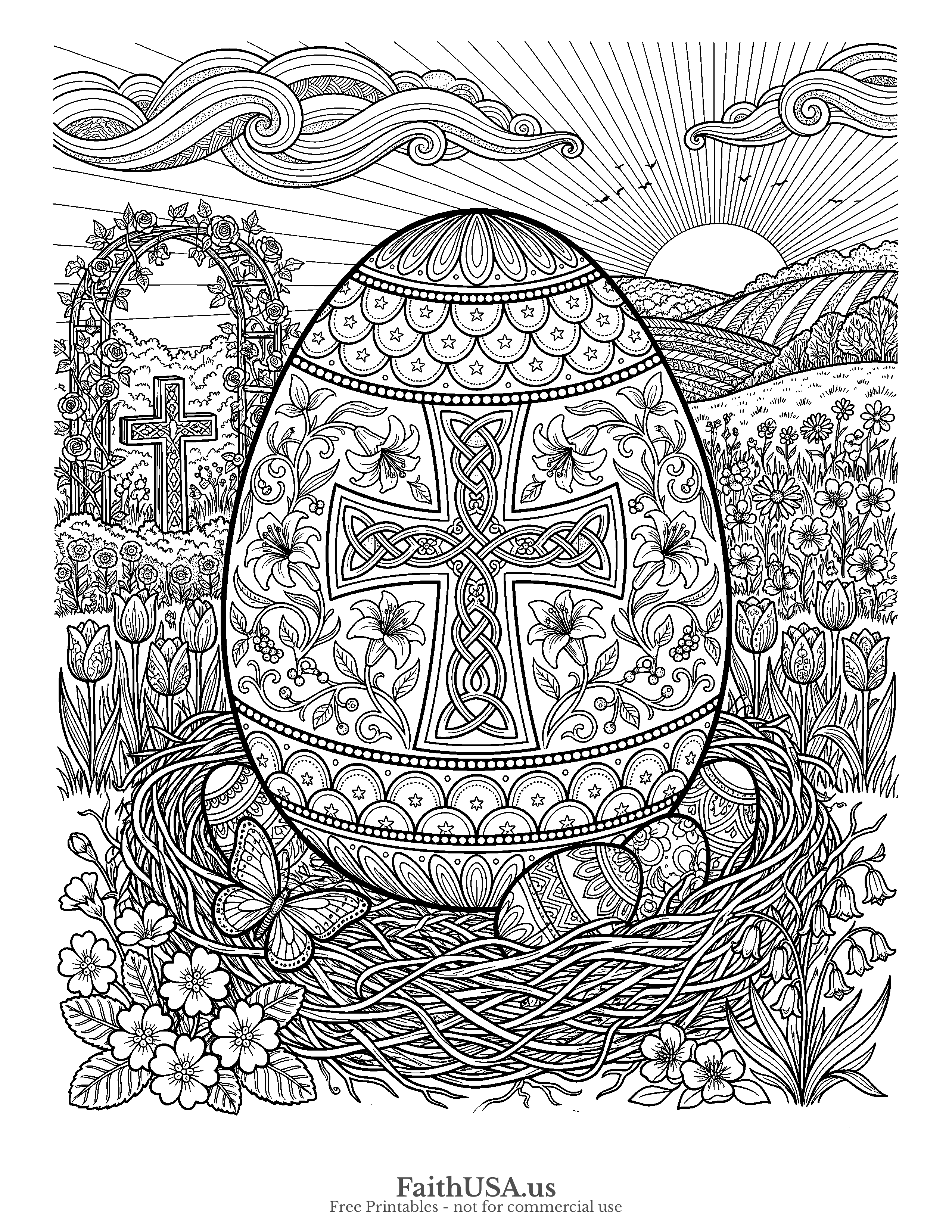 Easter coloring page featuring Easter Egg with Cross in detailed black-and-white line art