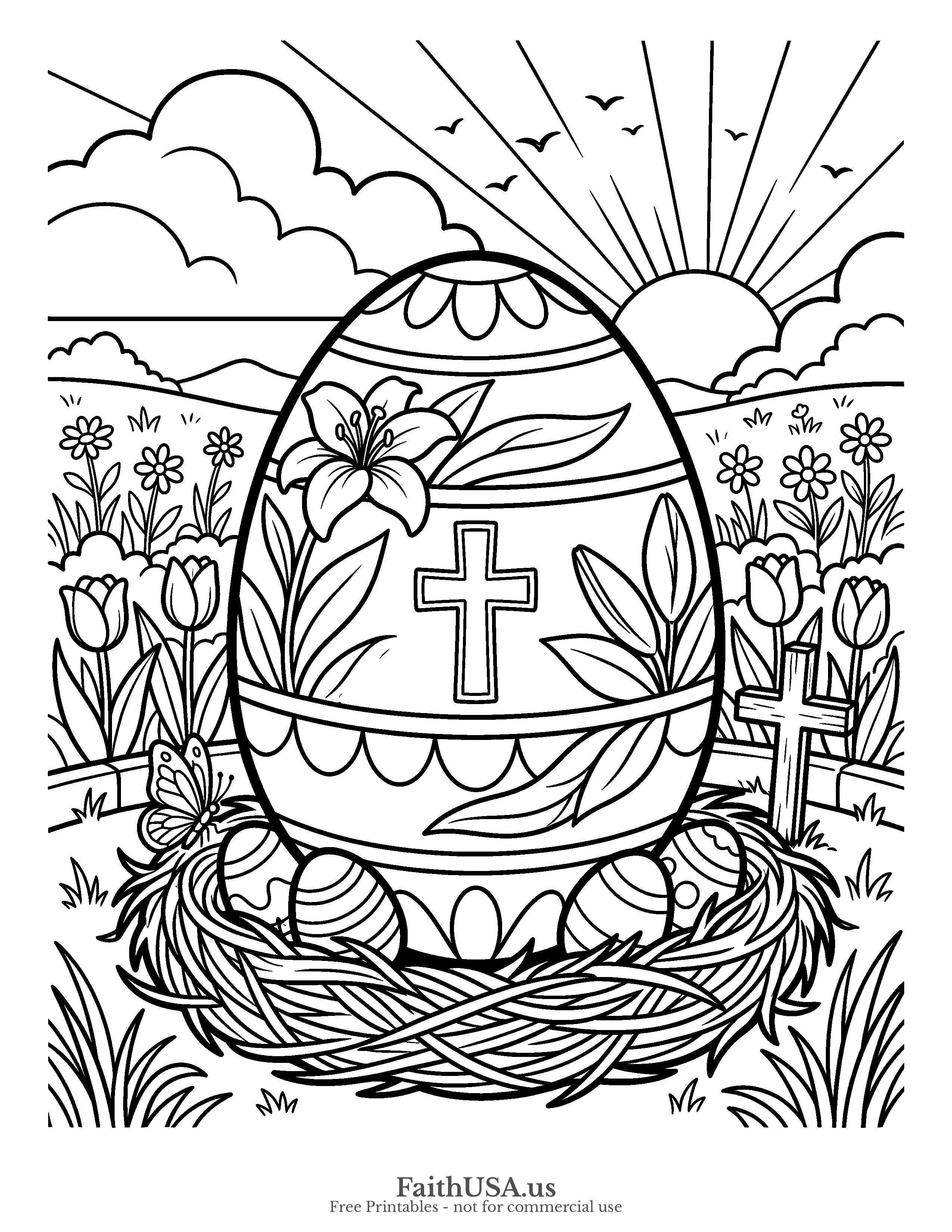 Easter coloring page featuring Easter Egg with Cross in simple black-and-white line art