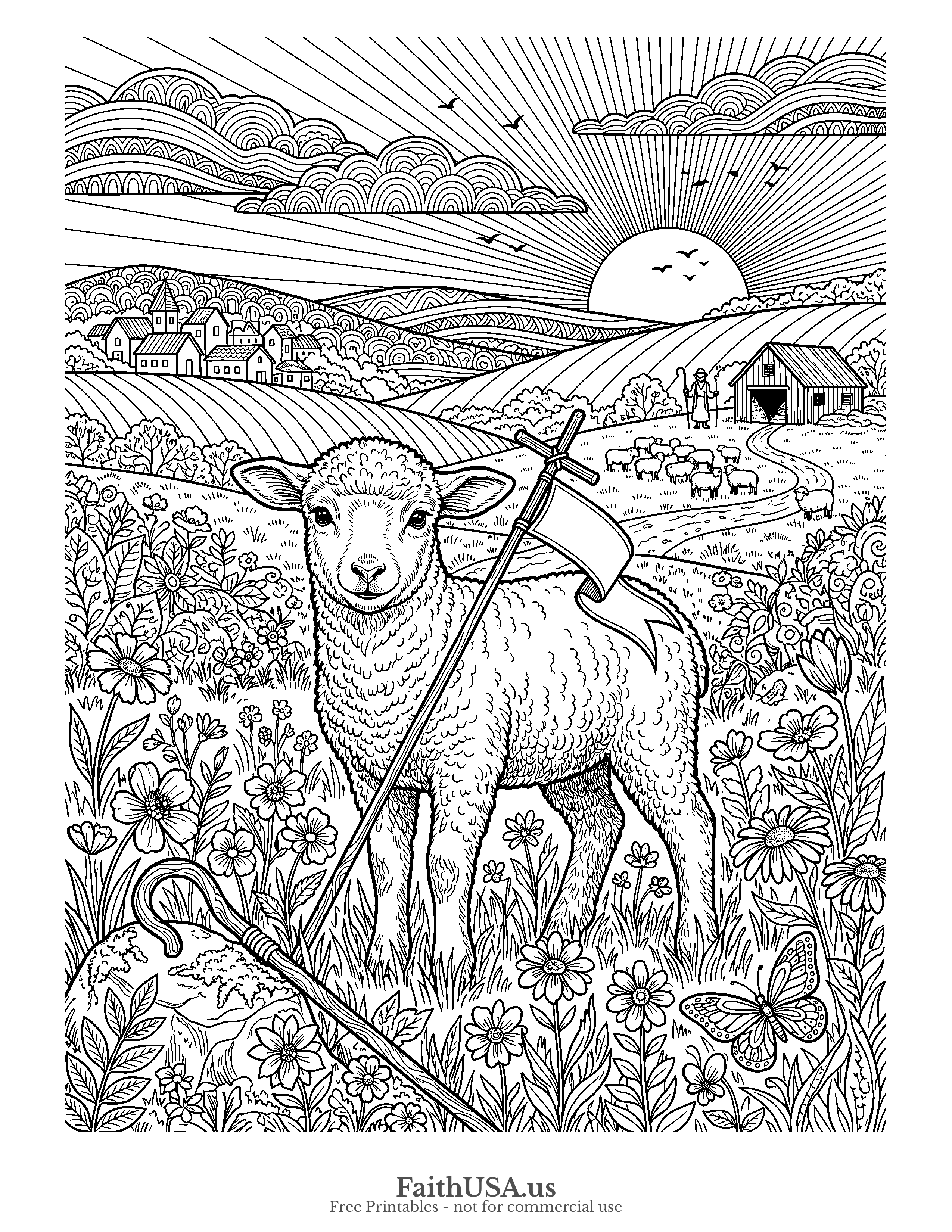 Easter coloring page featuring Easter Lamb in detailed black-and-white line art