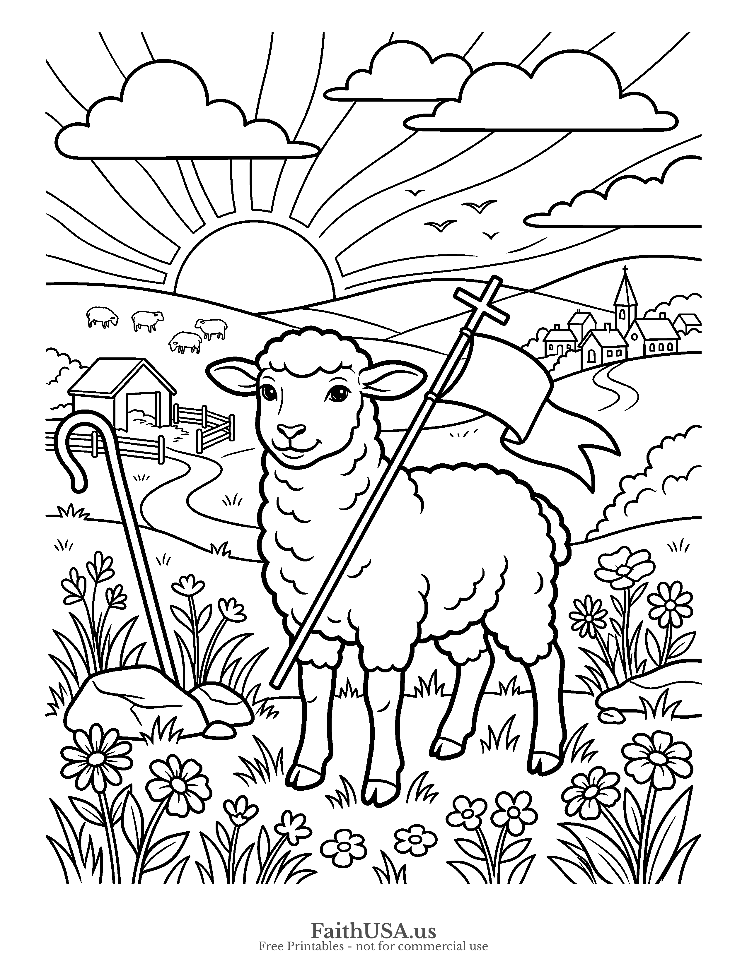 Easter coloring page featuring Easter Lamb in simple black-and-white line art