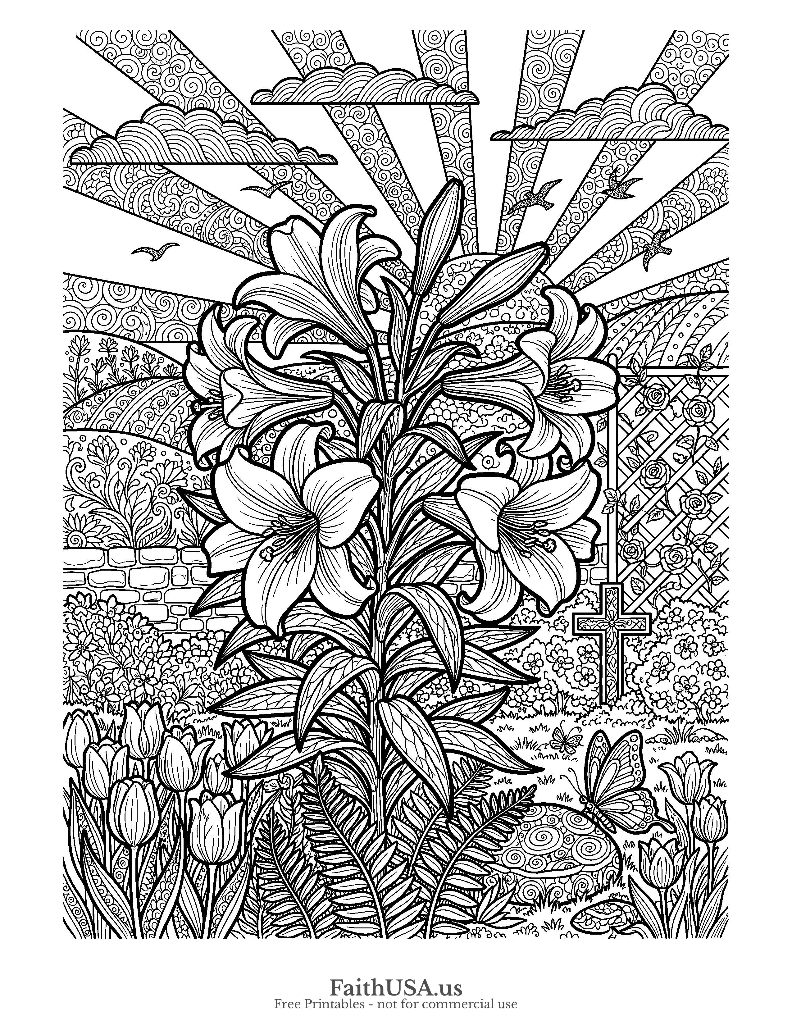 Easter coloring page featuring Easter Lily in detailed black-and-white line art