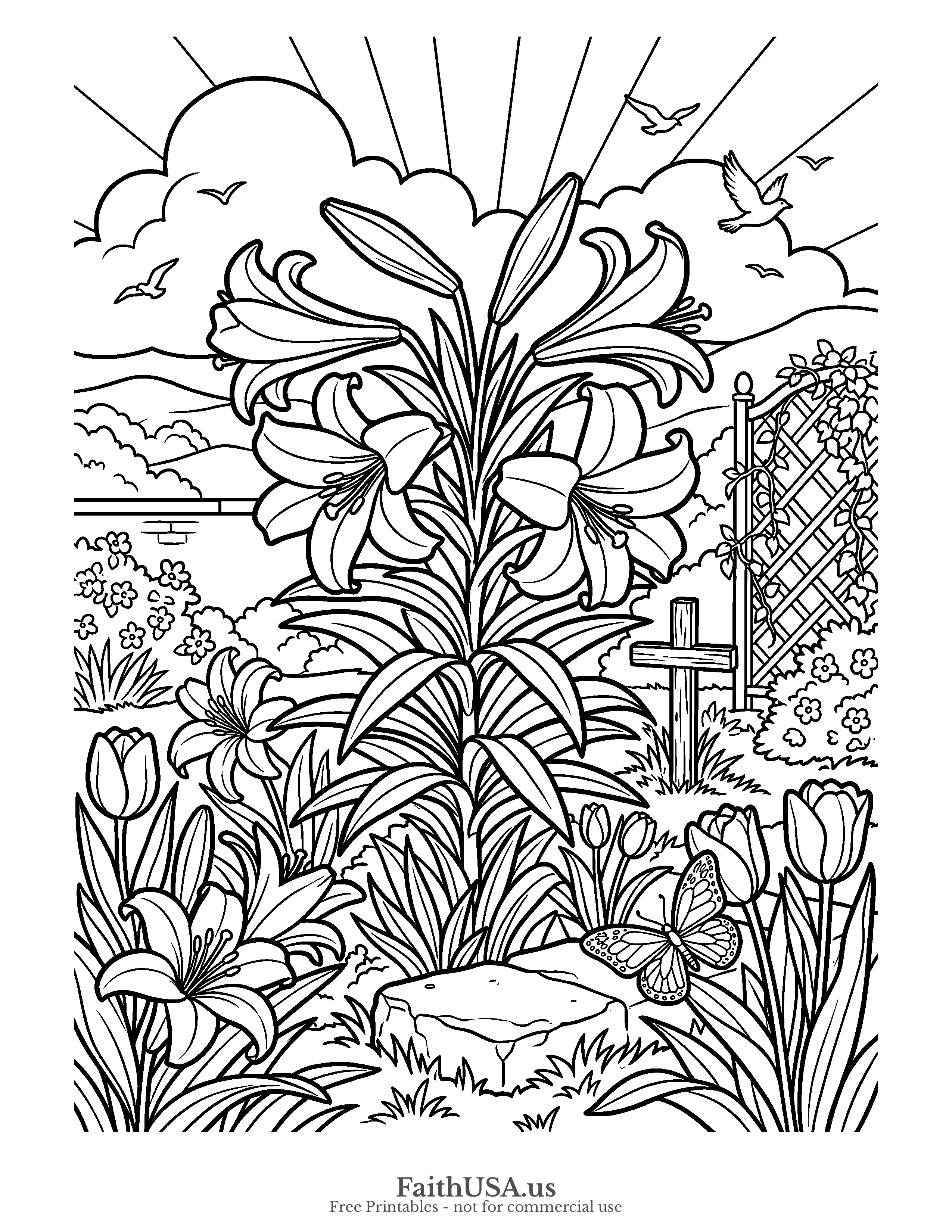Easter coloring page featuring Easter Lily in simple black-and-white line art