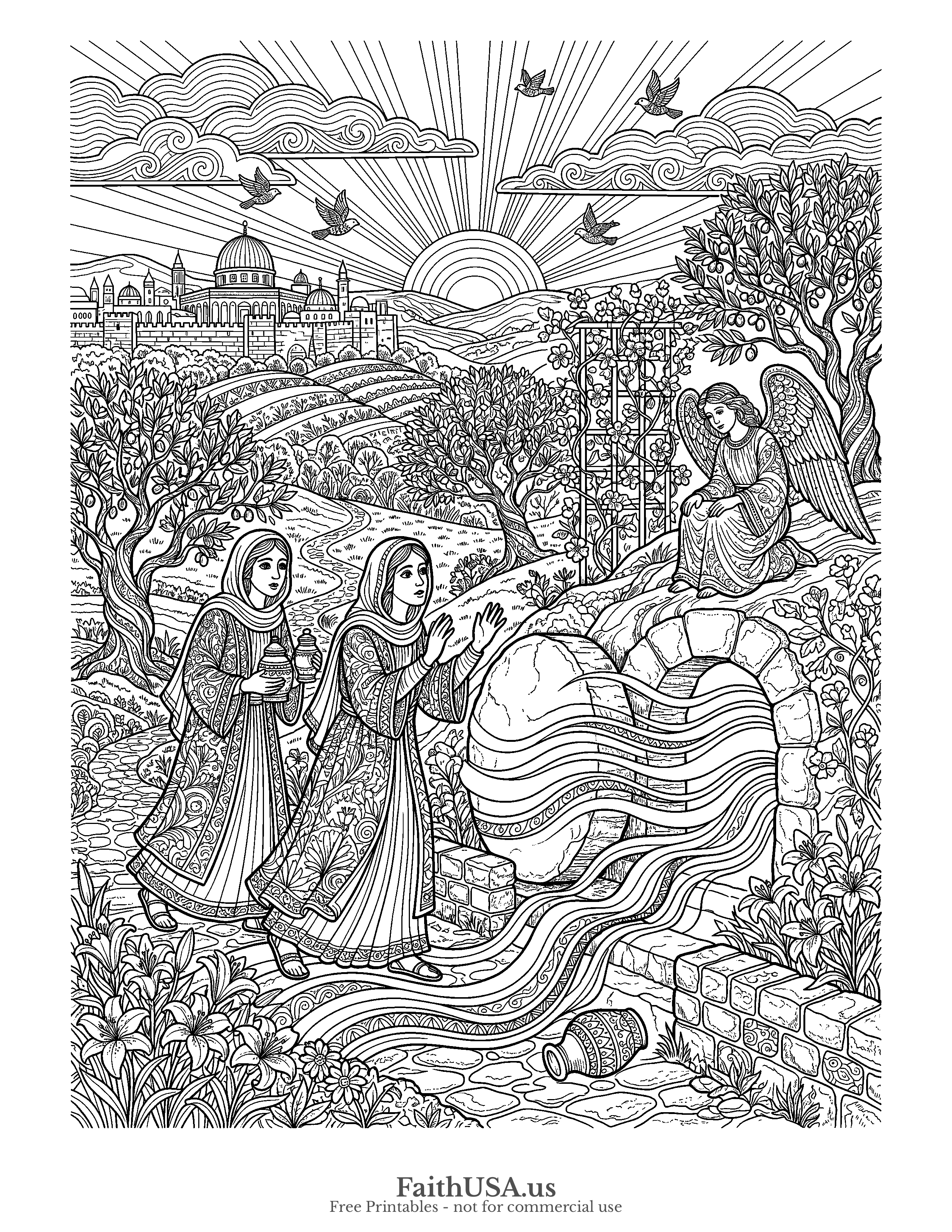 Easter coloring page featuring Easter Morning in detailed black-and-white line art