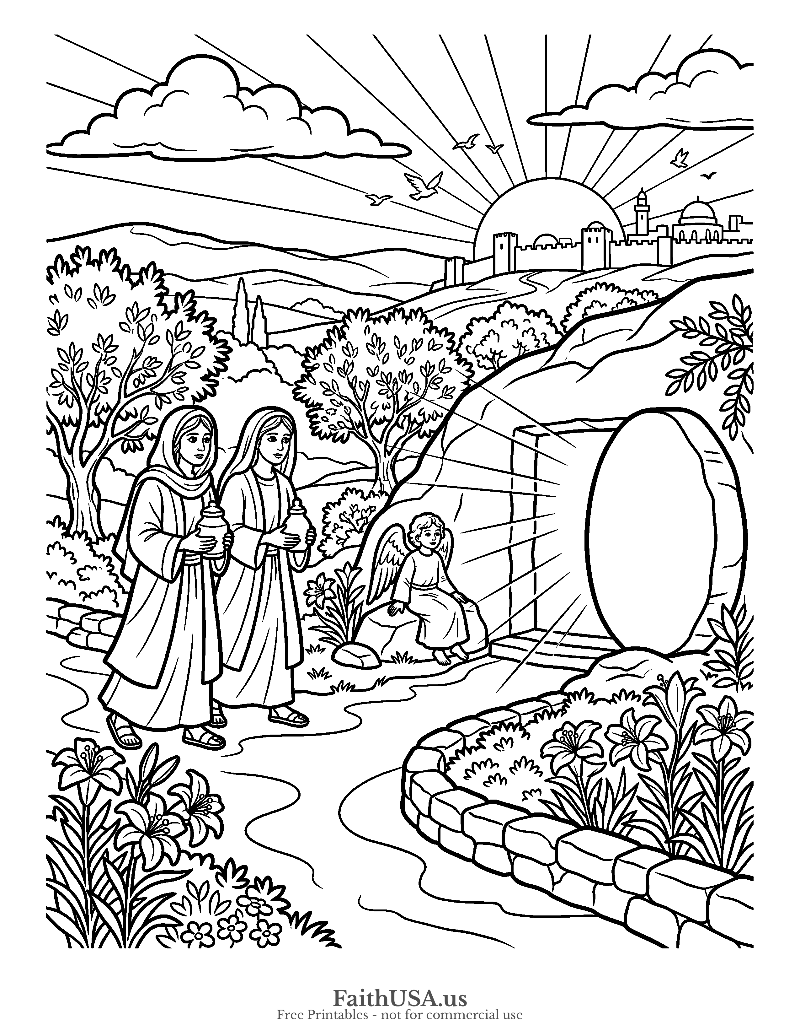Easter coloring page featuring Easter Morning in simple black-and-white line art