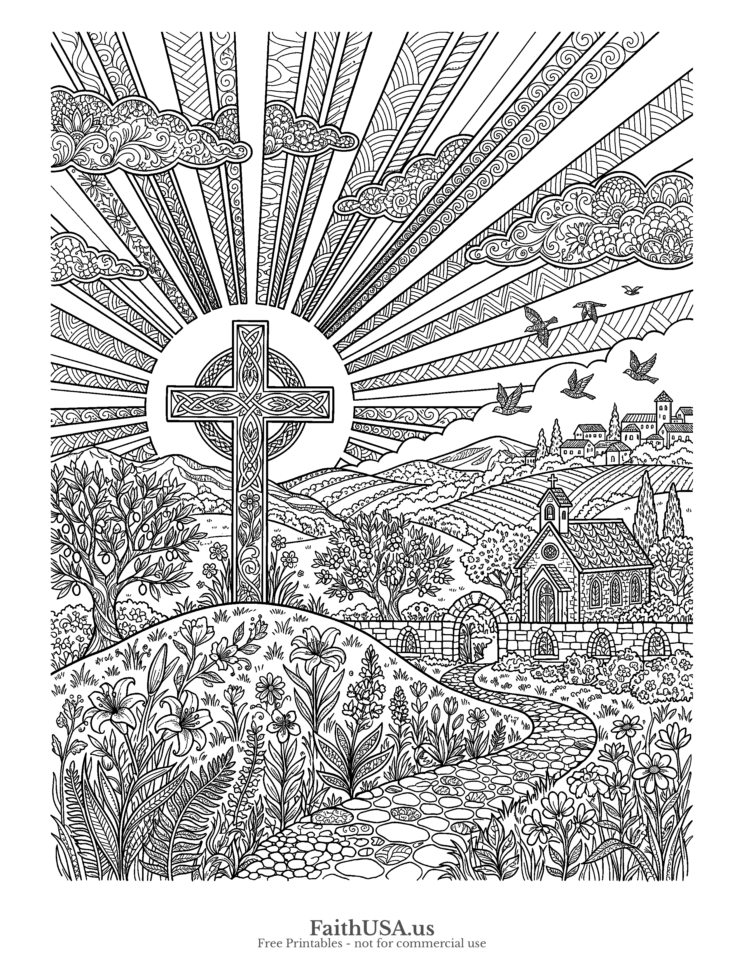 Easter coloring page featuring Easter Sunrise in detailed black-and-white line art