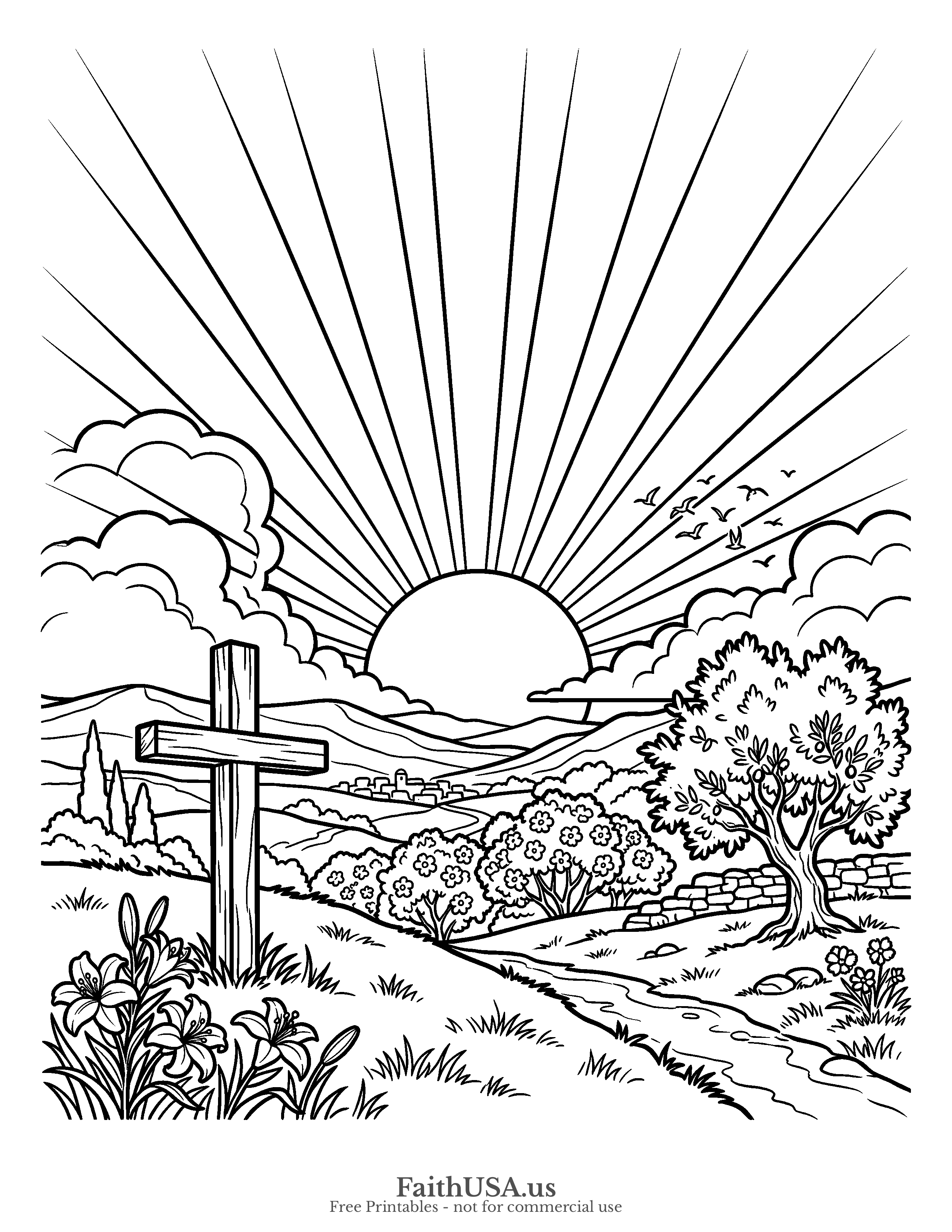 Easter coloring page featuring Easter Sunrise in simple black-and-white line art