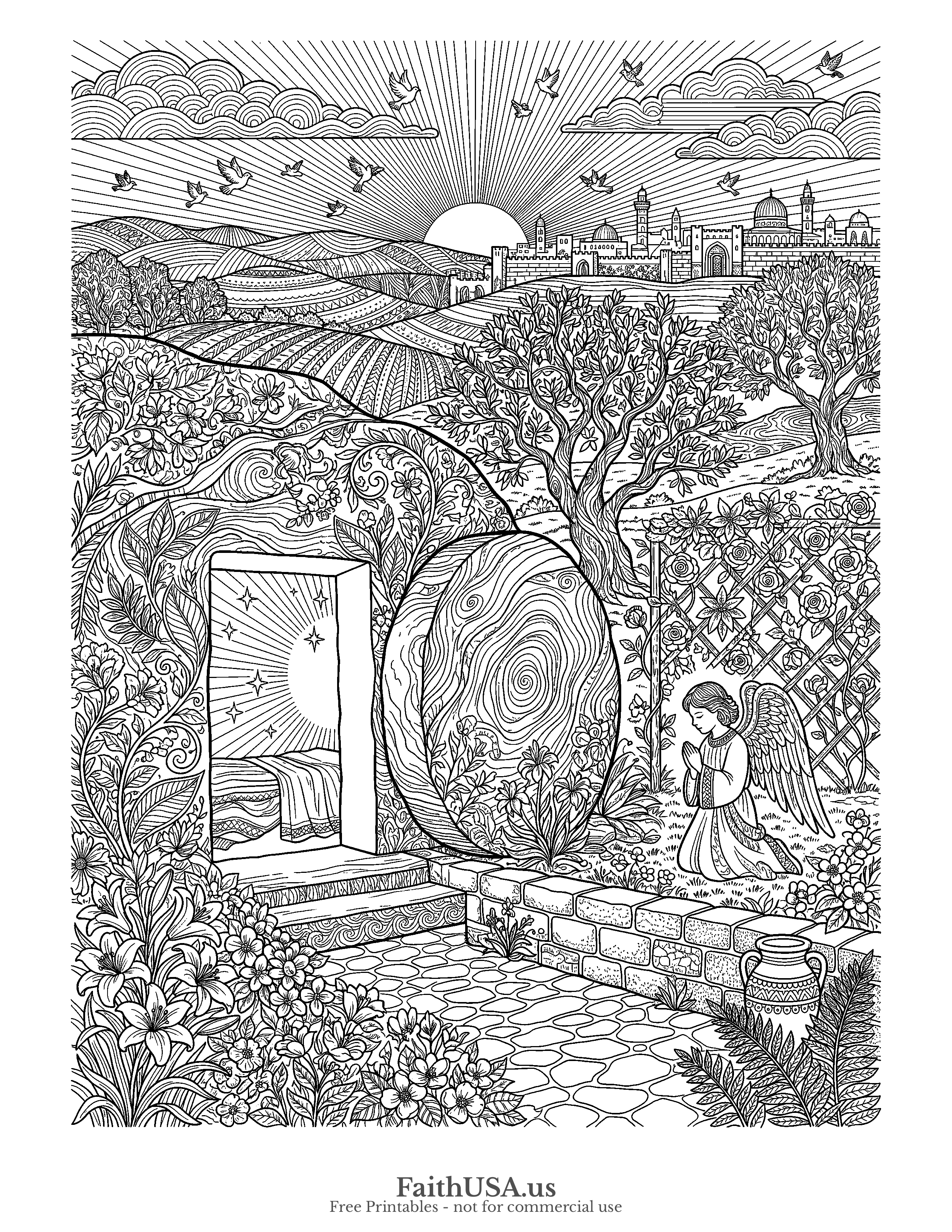 Easter coloring page featuring Empty Tomb in detailed black-and-white line art