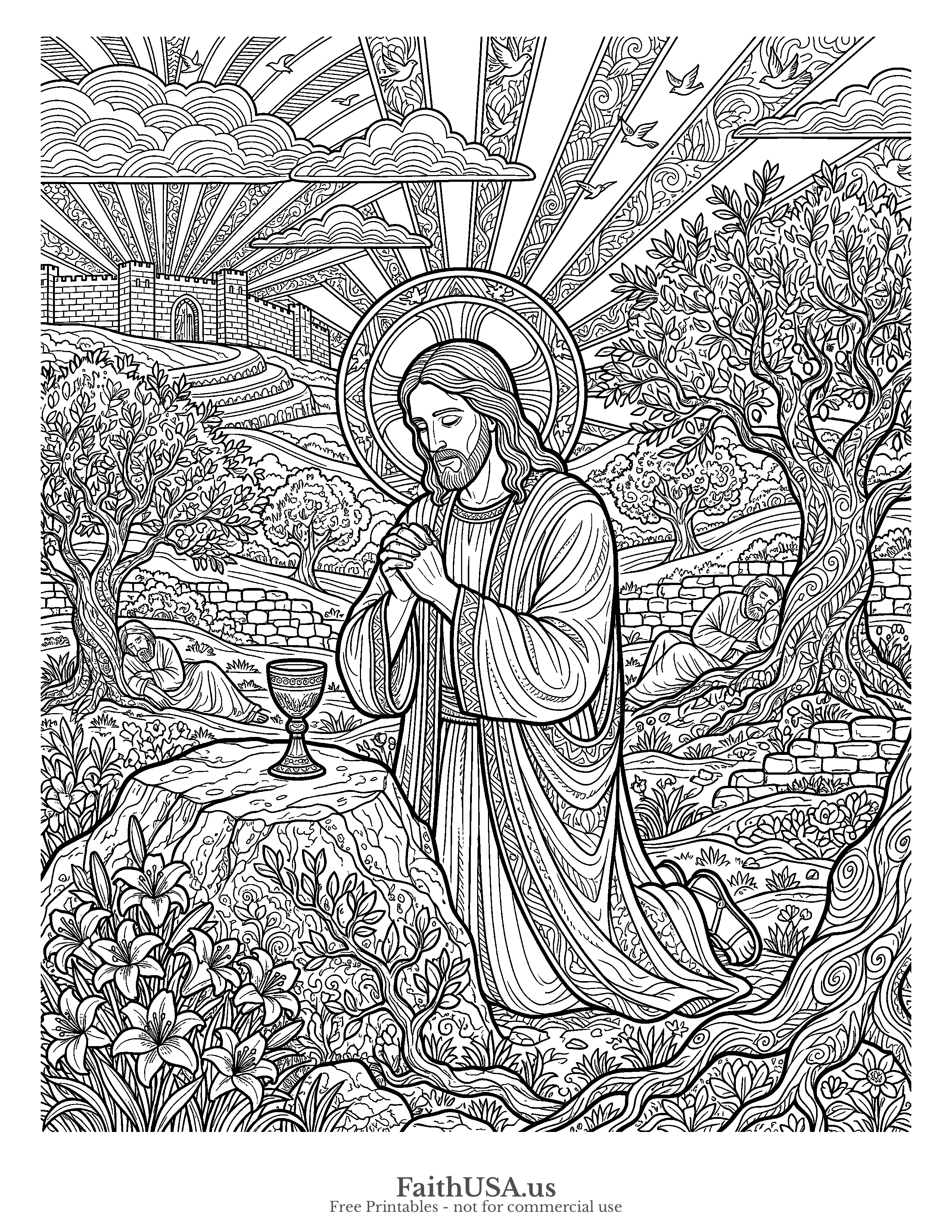 Easter coloring page featuring Garden of Gethsemane in detailed black-and-white line art