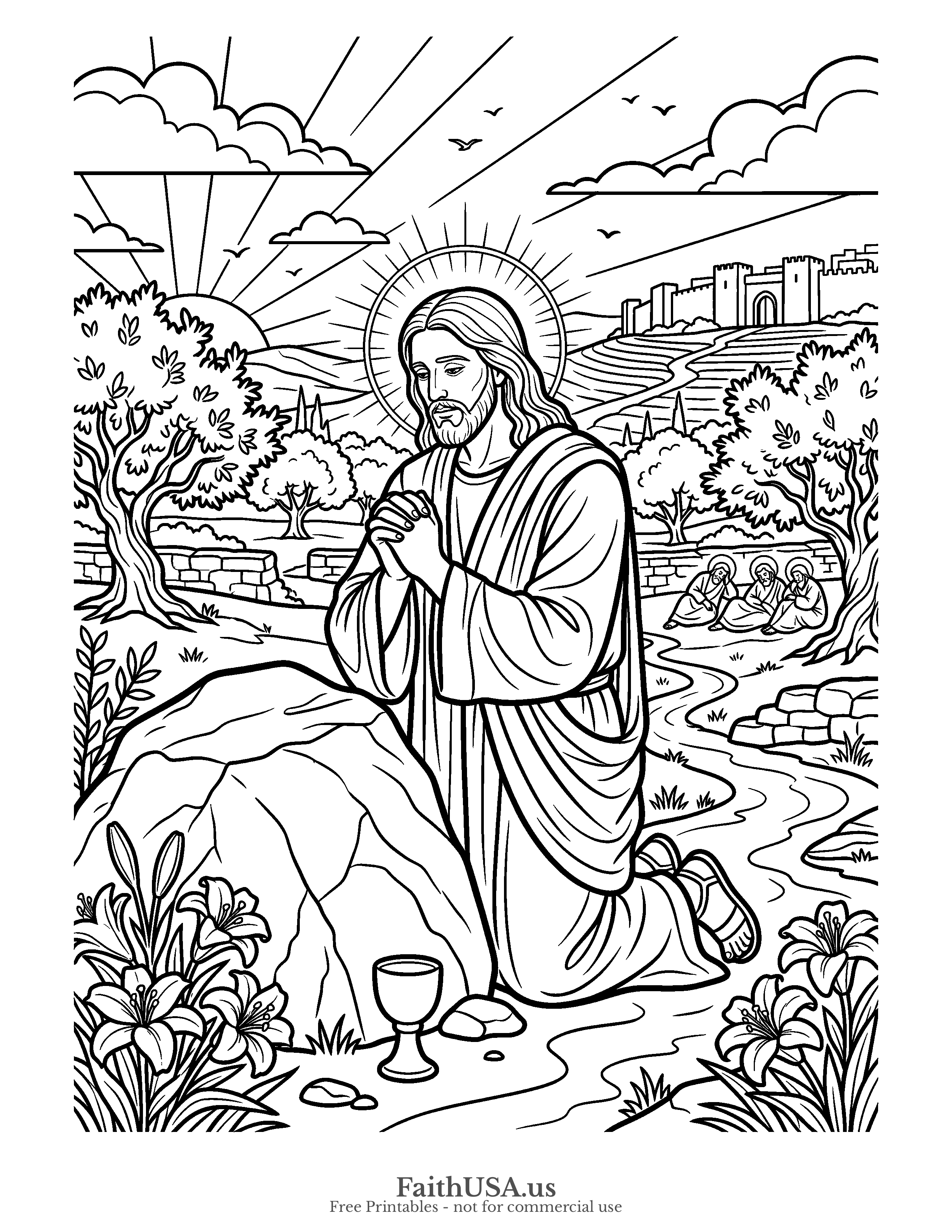 Easter coloring page featuring Garden of Gethsemane in simple black-and-white line art