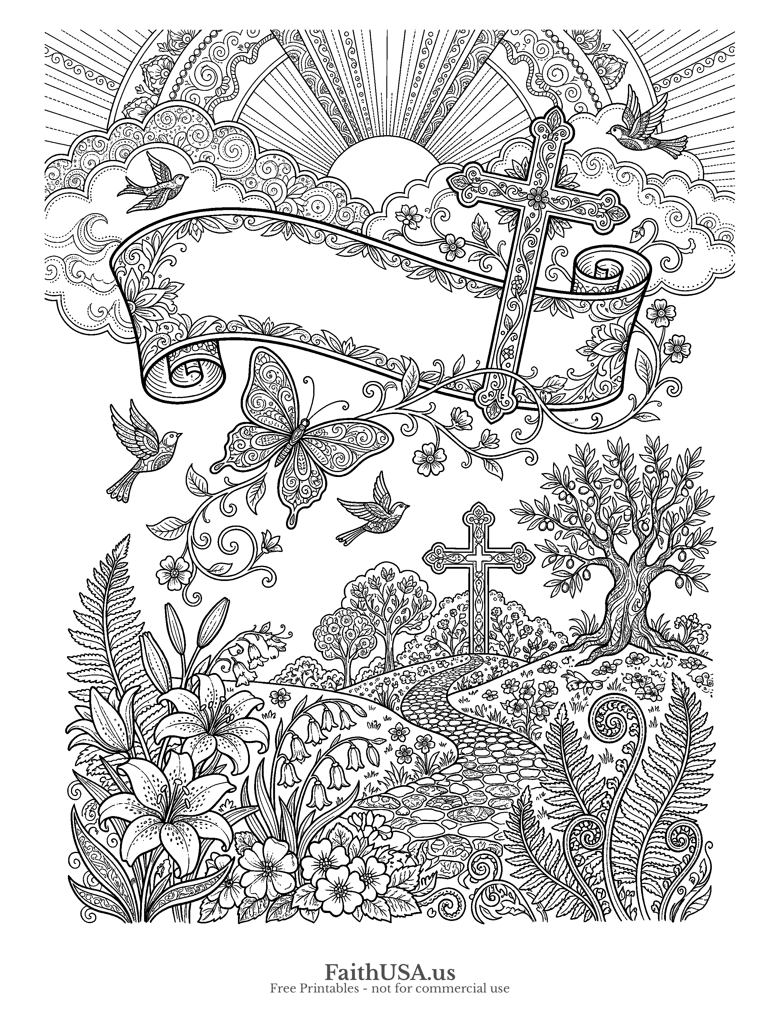 Easter coloring page featuring He Is Risen Banner in detailed black-and-white line art