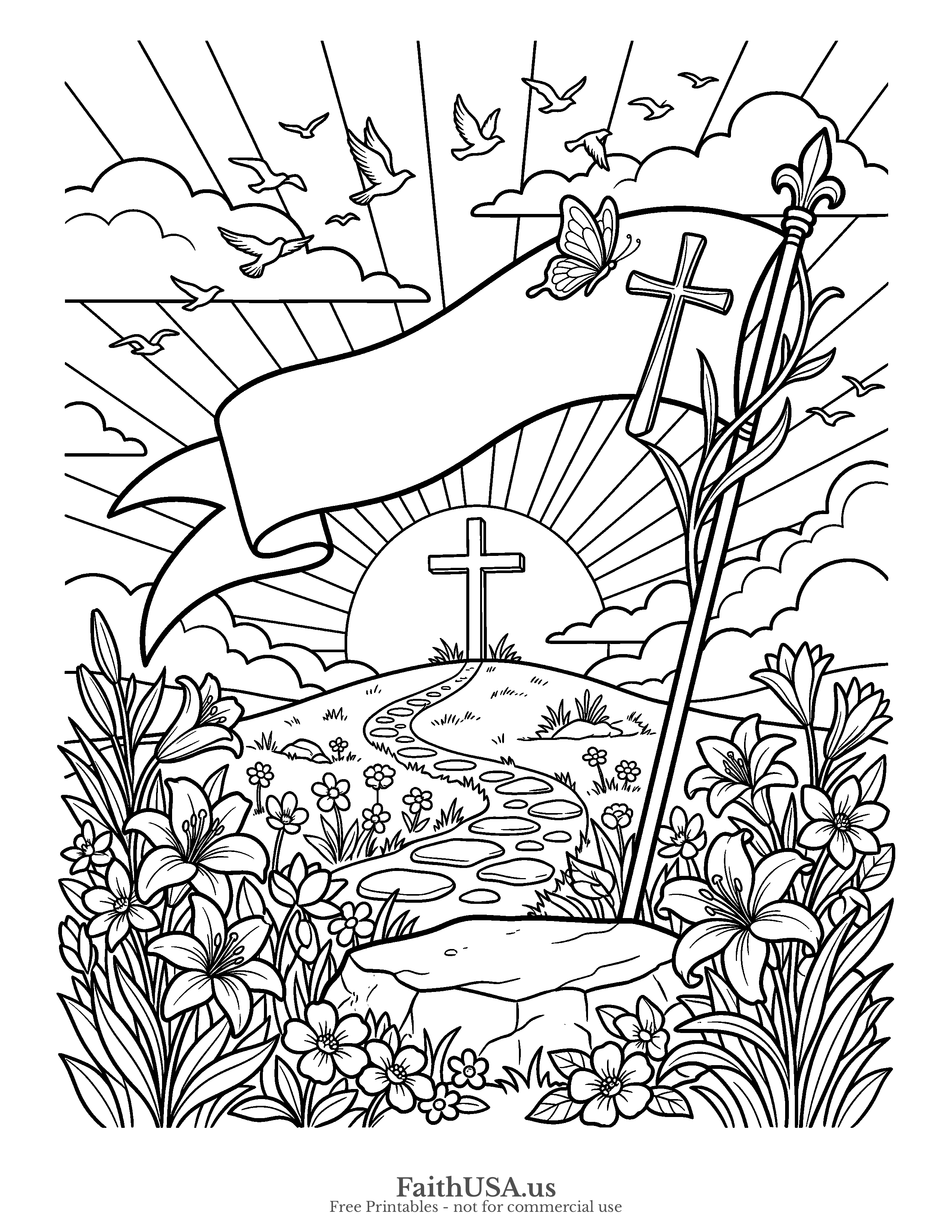 Easter coloring page featuring He Is Risen Banner in simple black-and-white line art