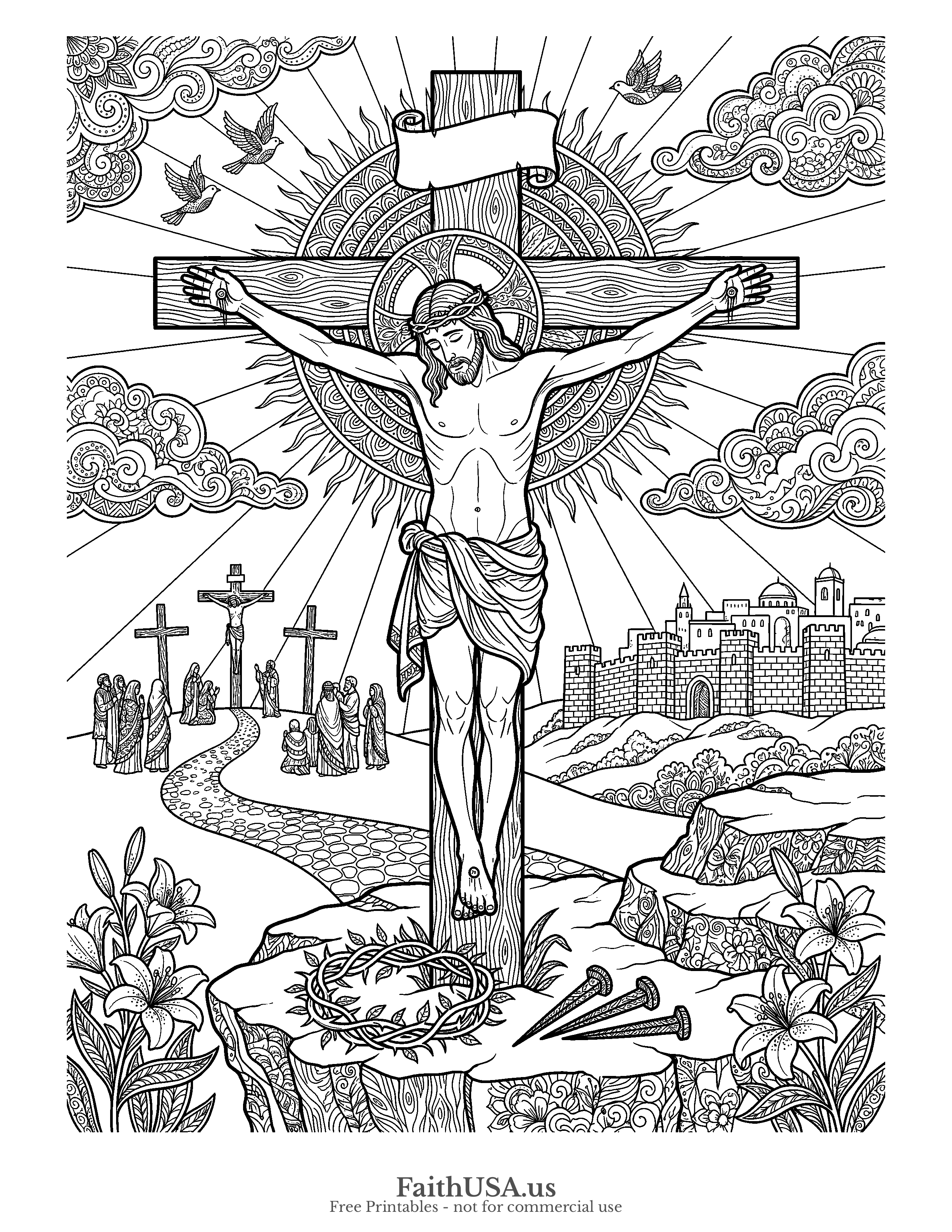 Easter coloring page featuring Jesus on the Cross in detailed black-and-white line art
