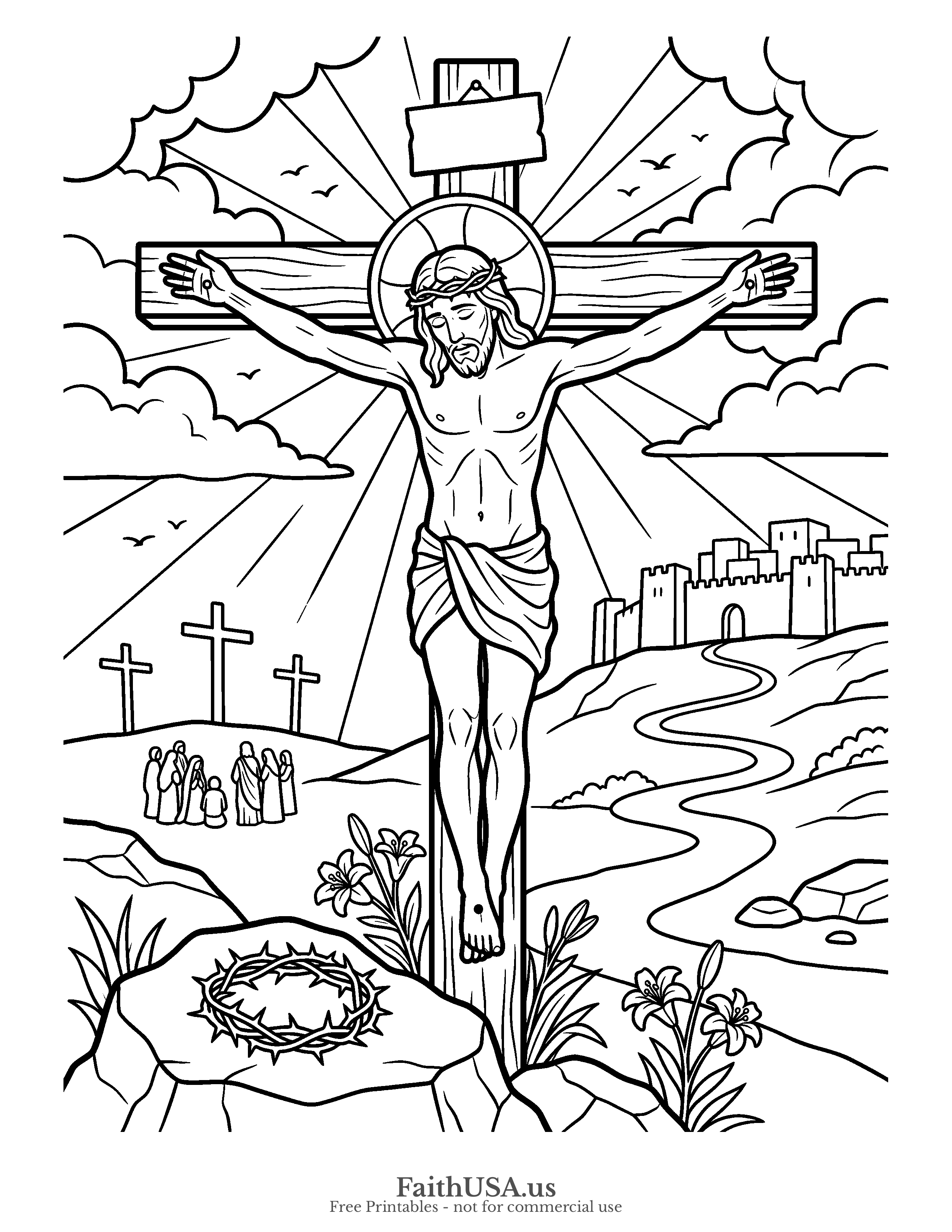 Easter coloring page featuring Jesus on the Cross in simple black-and-white line art