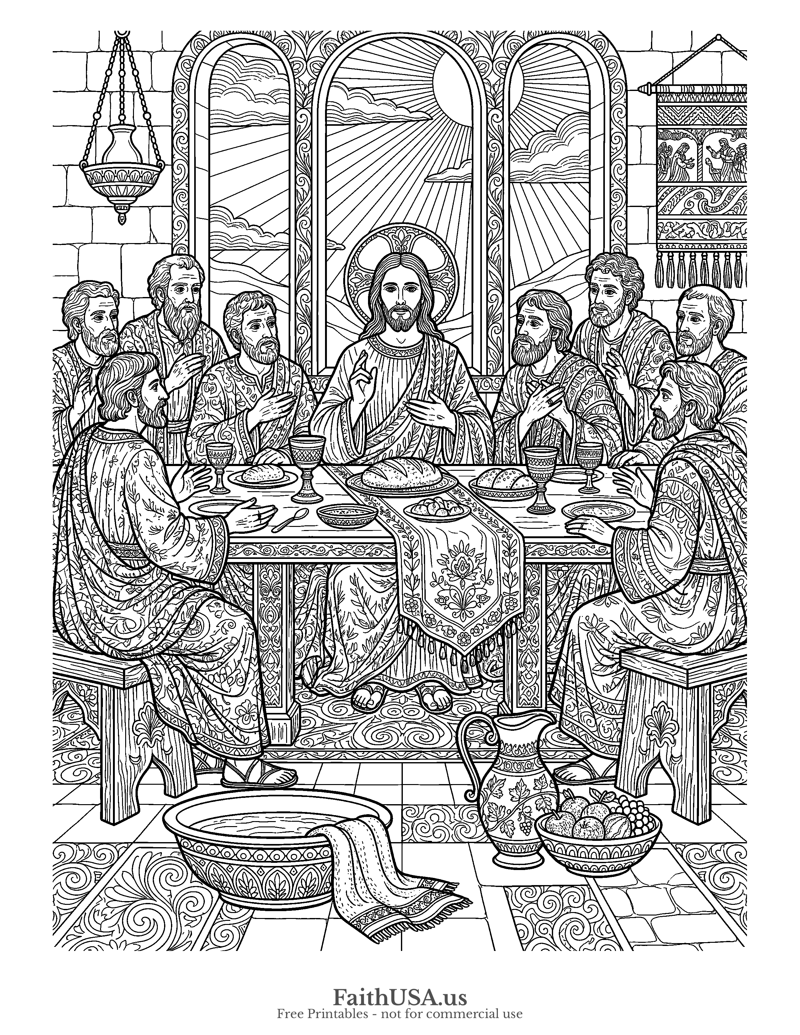 Easter coloring page featuring Last Supper in detailed black-and-white line art