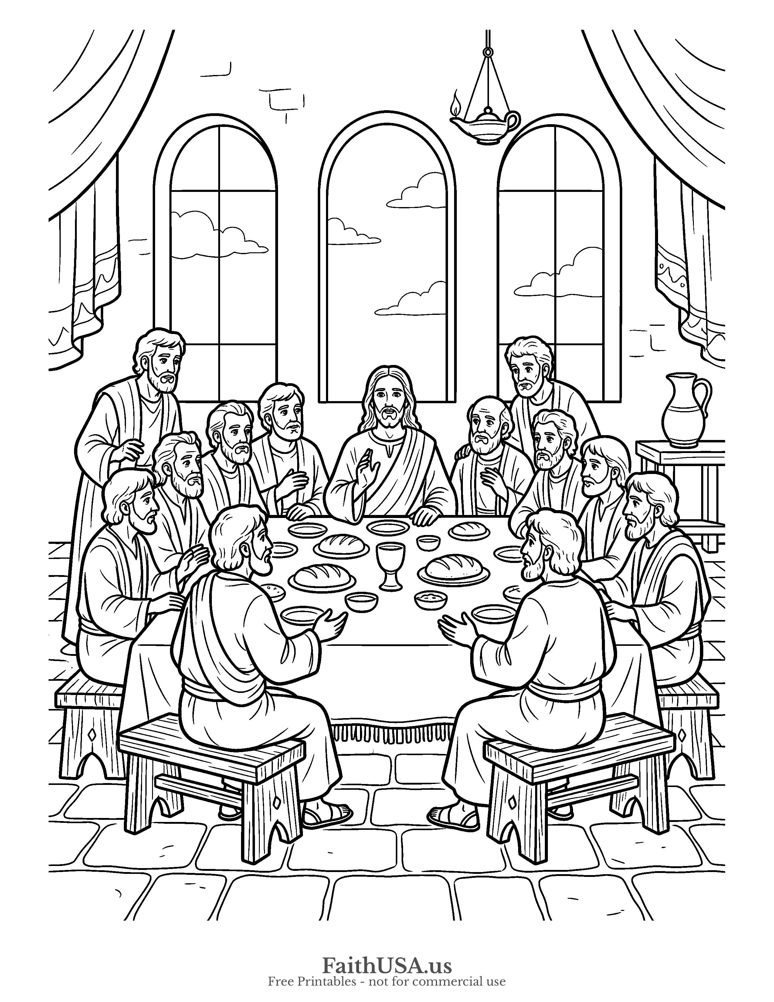 Easter coloring page featuring Last Supper in simple black-and-white line art