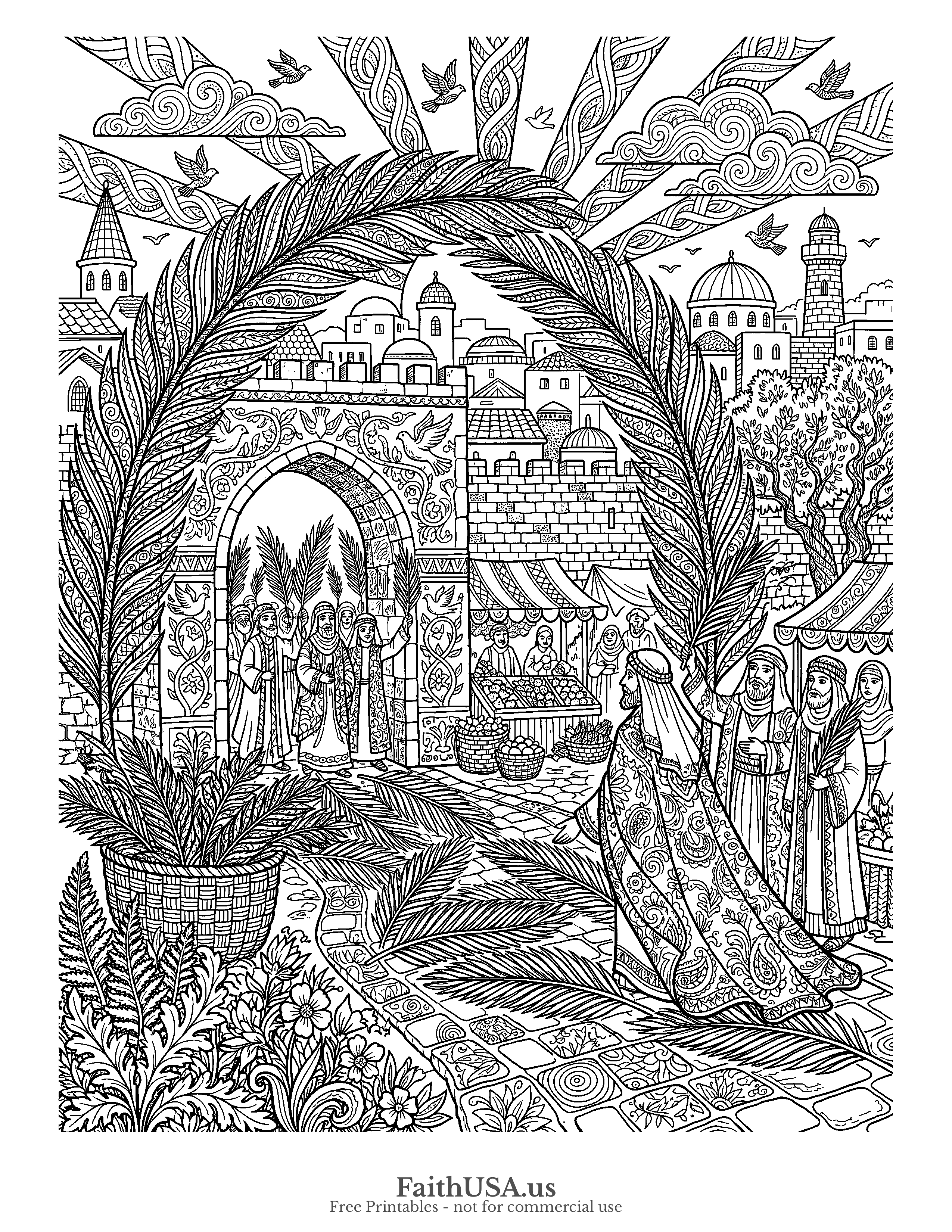 Easter coloring page featuring Palm Sunday in detailed black-and-white line art