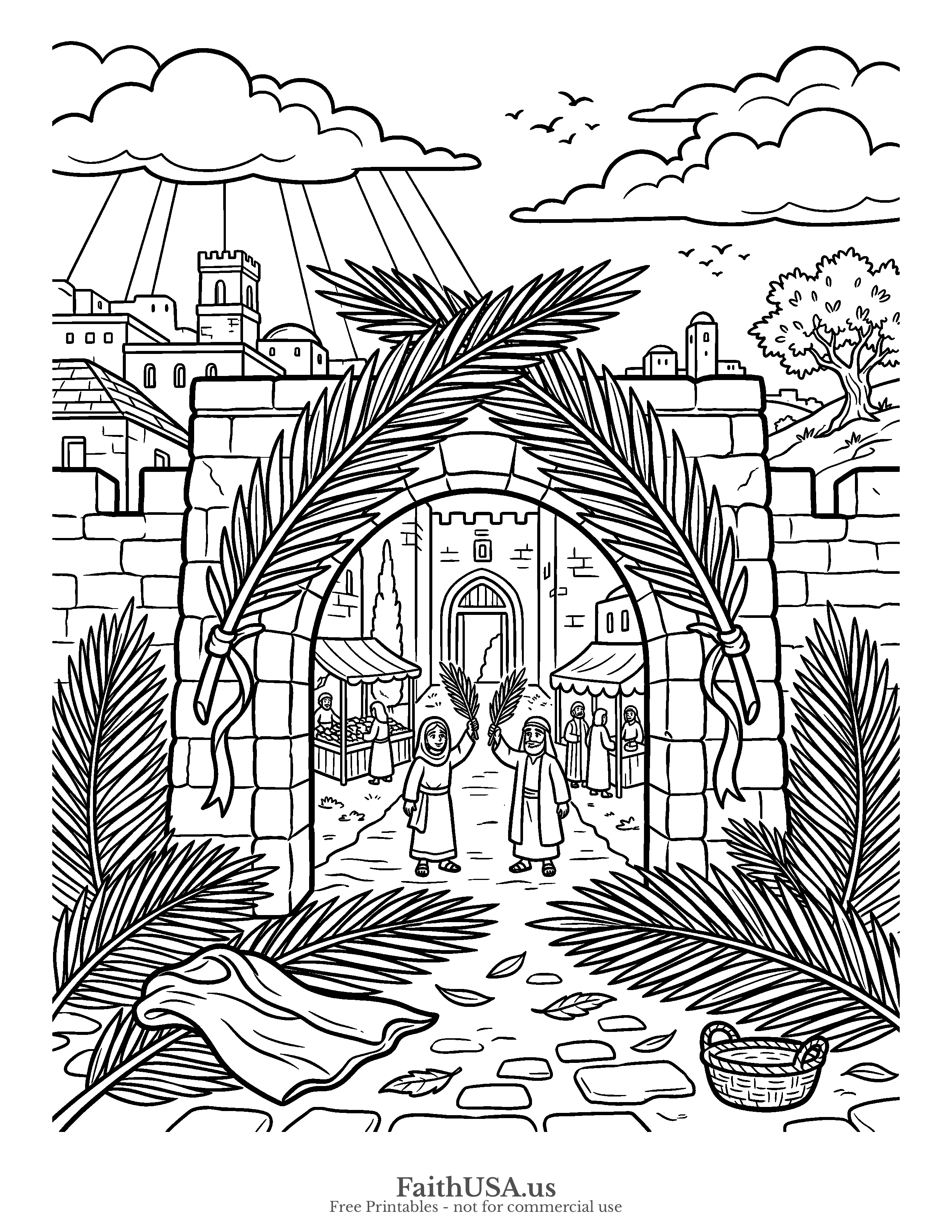 Easter coloring page featuring Palm Sunday in simple black-and-white line art