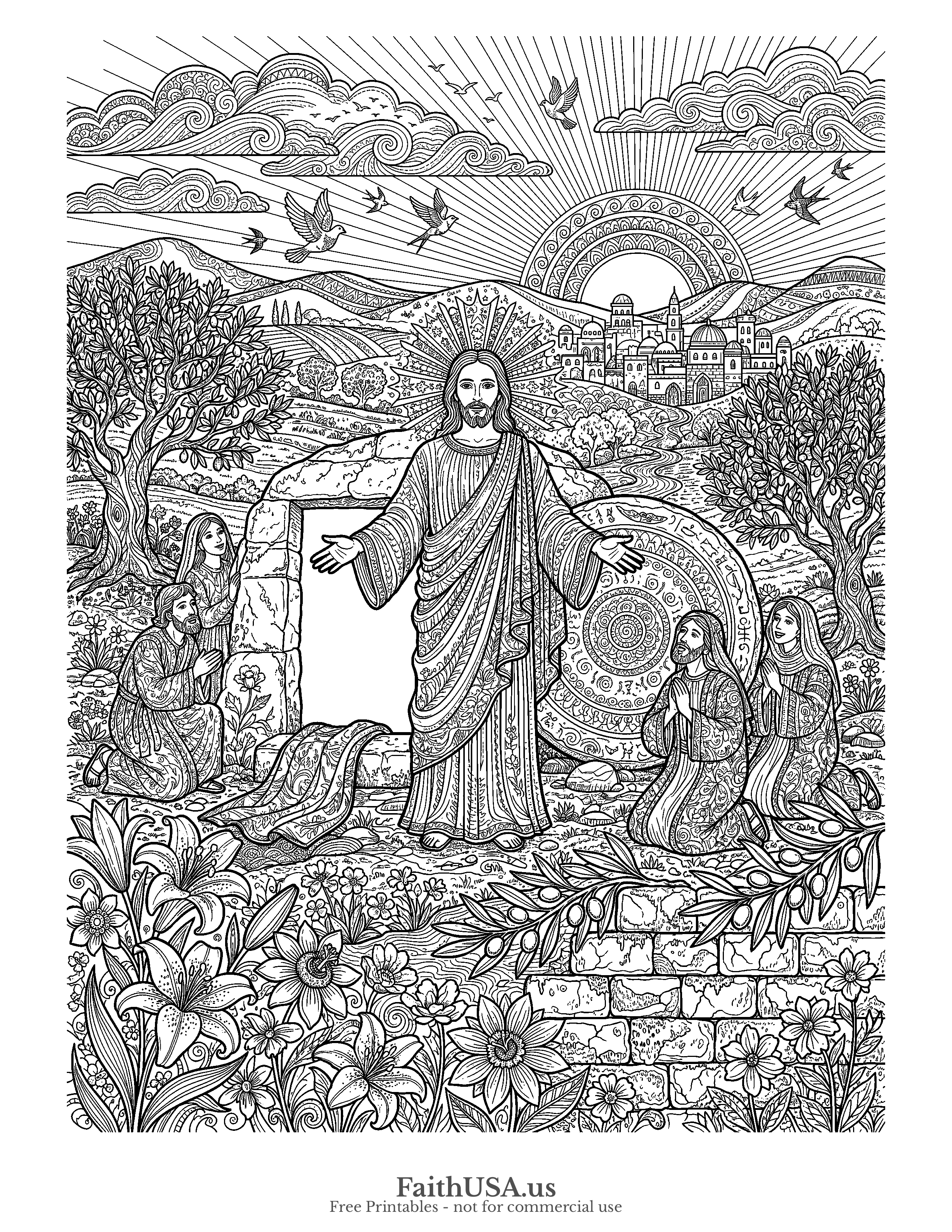 Easter coloring page featuring Resurrection Scene in detailed black-and-white line art