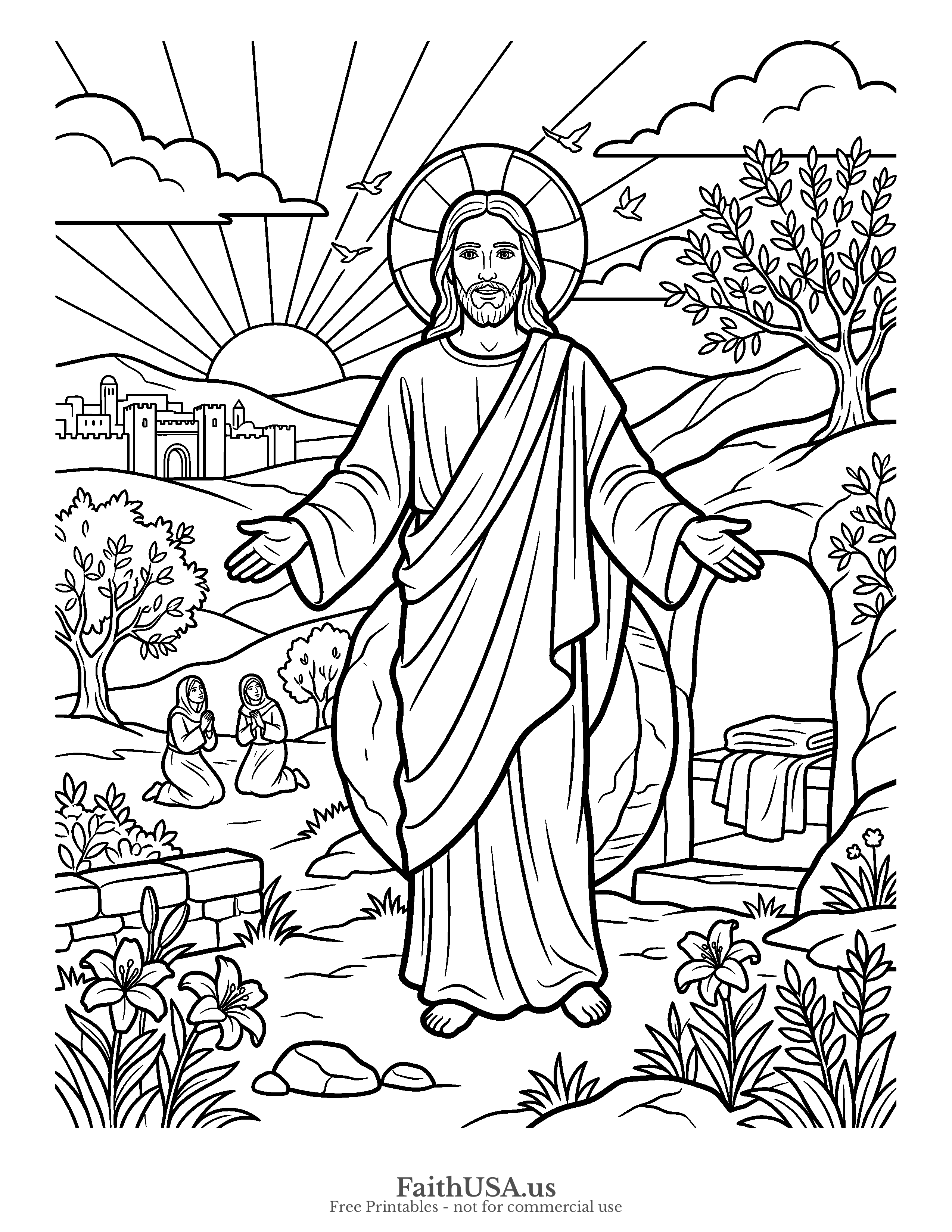 Easter coloring page featuring Resurrection Scene in simple black-and-white line art