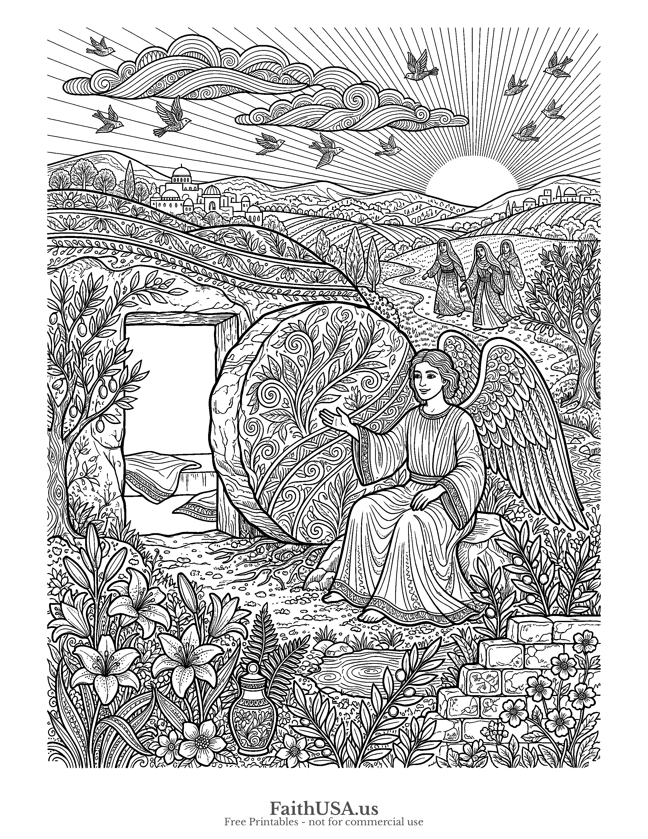 Easter coloring page featuring Rolled Away Stone in detailed black-and-white line art