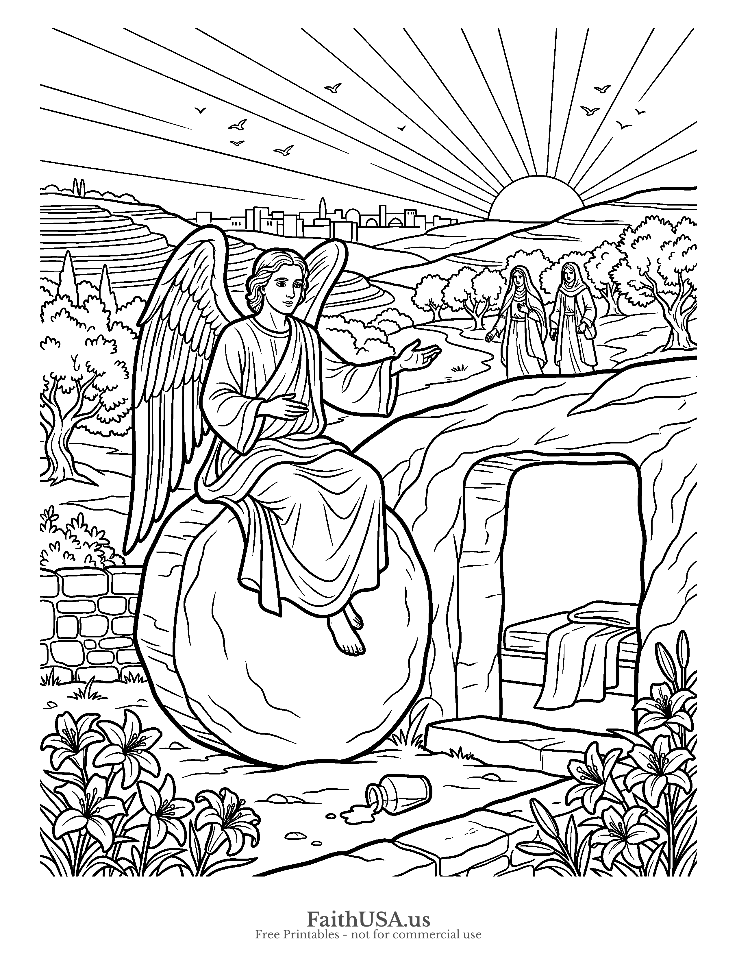 Easter coloring page featuring Rolled Away Stone in simple black-and-white line art