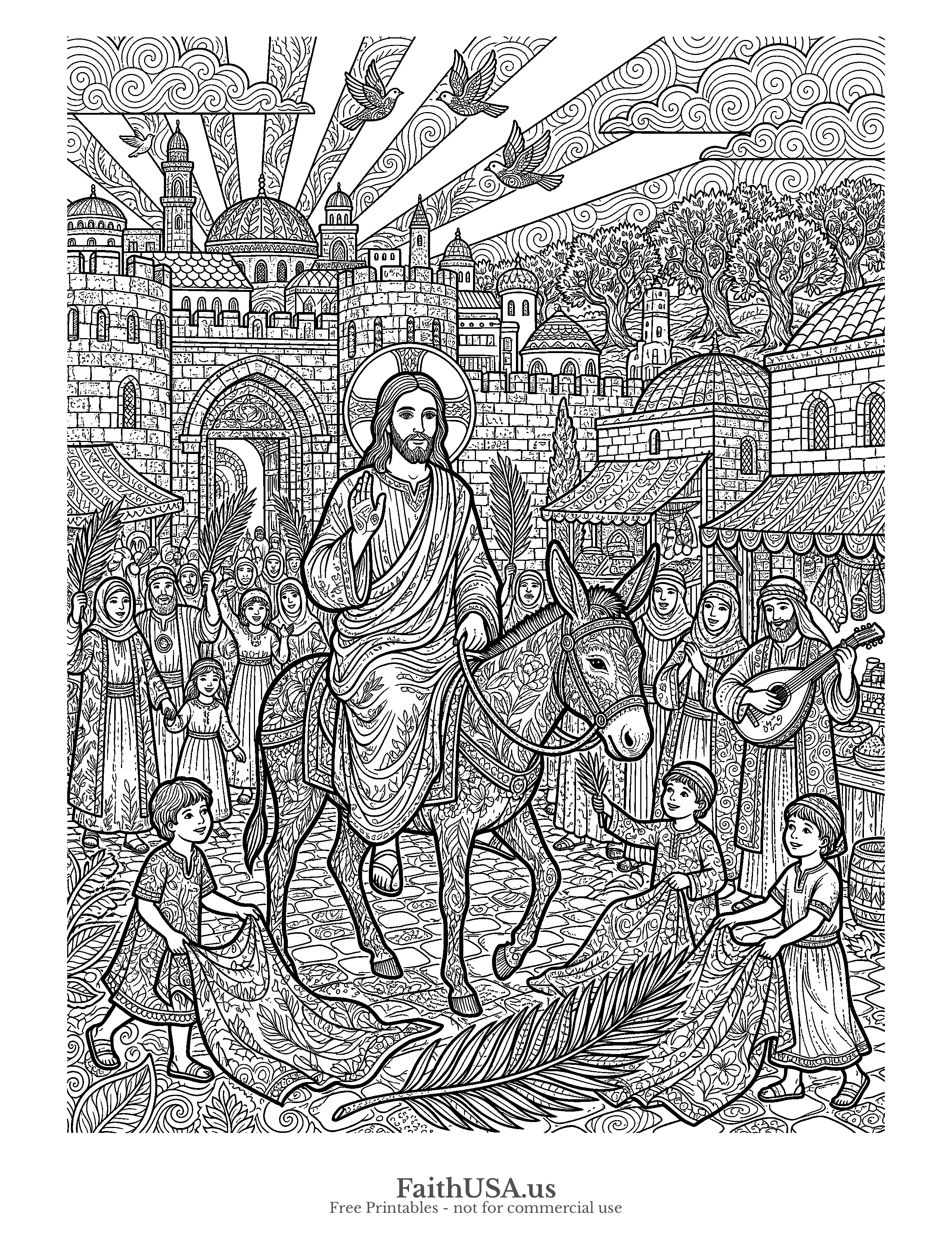 Easter coloring page featuring Triumphant Entry in detailed black-and-white line art