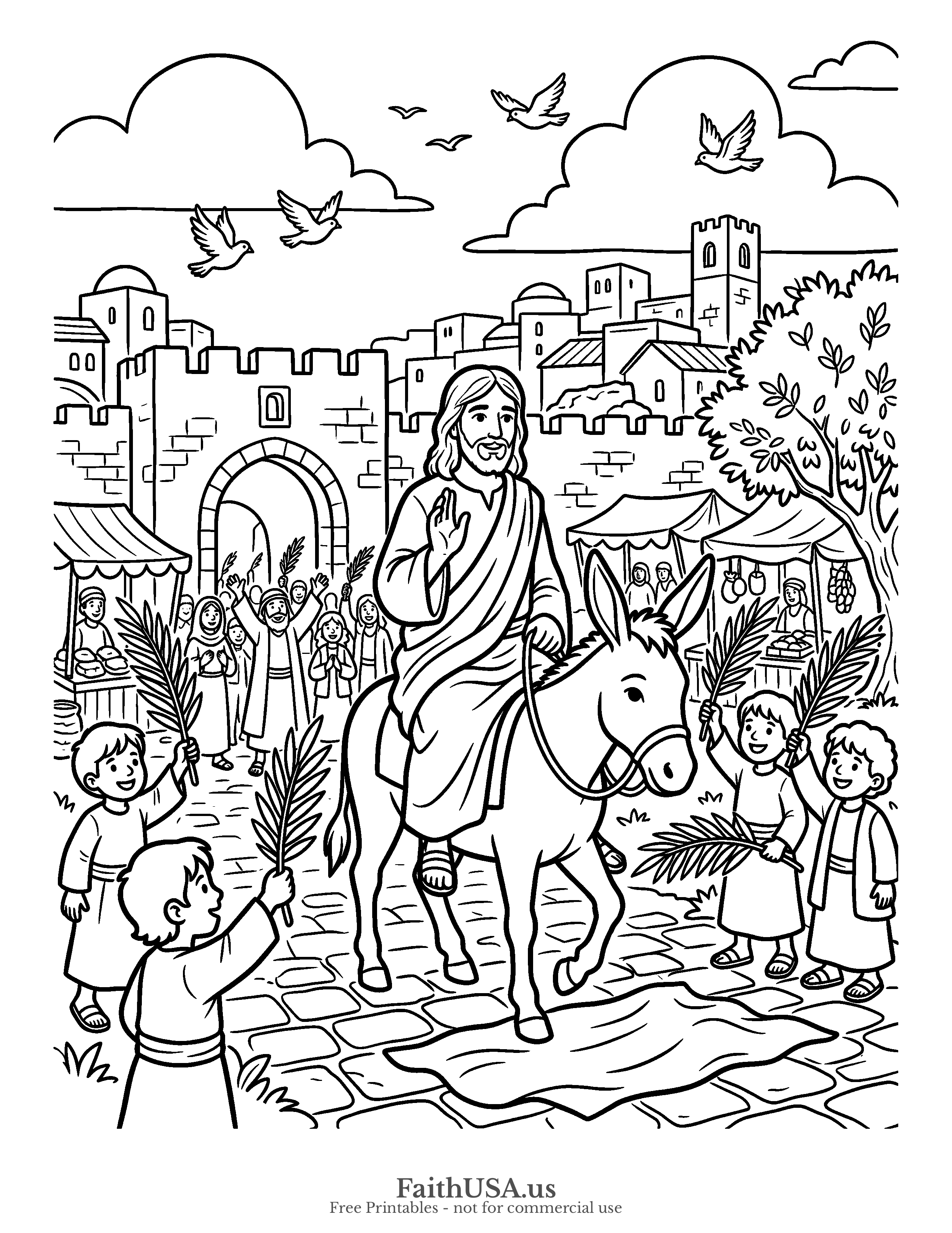 Easter coloring page featuring Triumphant Entry in simple black-and-white line art
