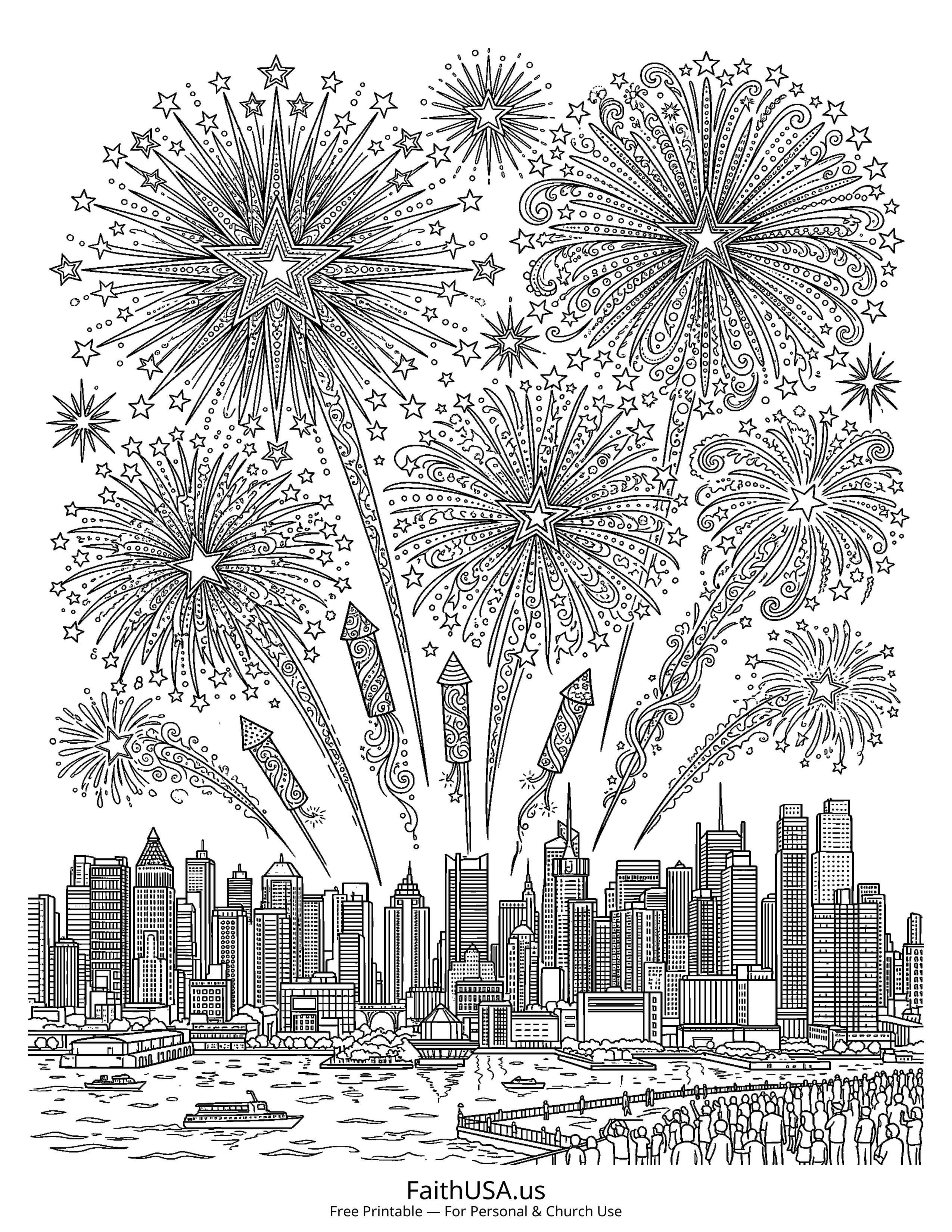 Free printable detailed Fourth of July fireworks coloring page PDF for Fourth of July classroom and family activities