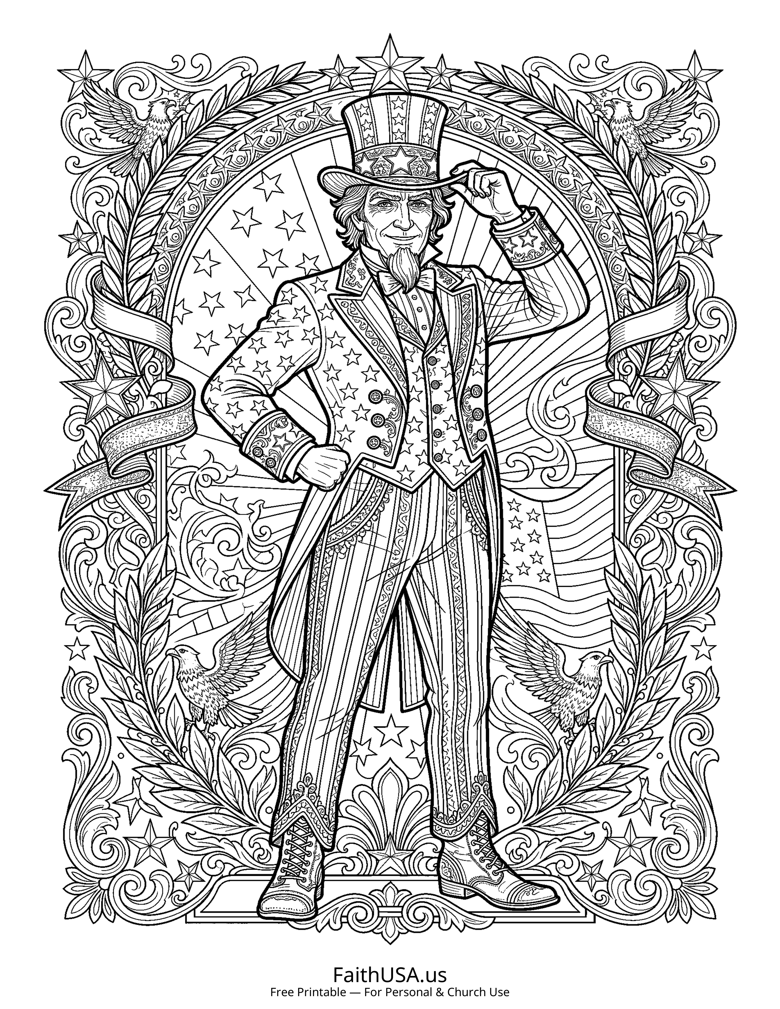 Free printable detailed Uncle Sam coloring page PDF for Fourth of July classroom and family activities