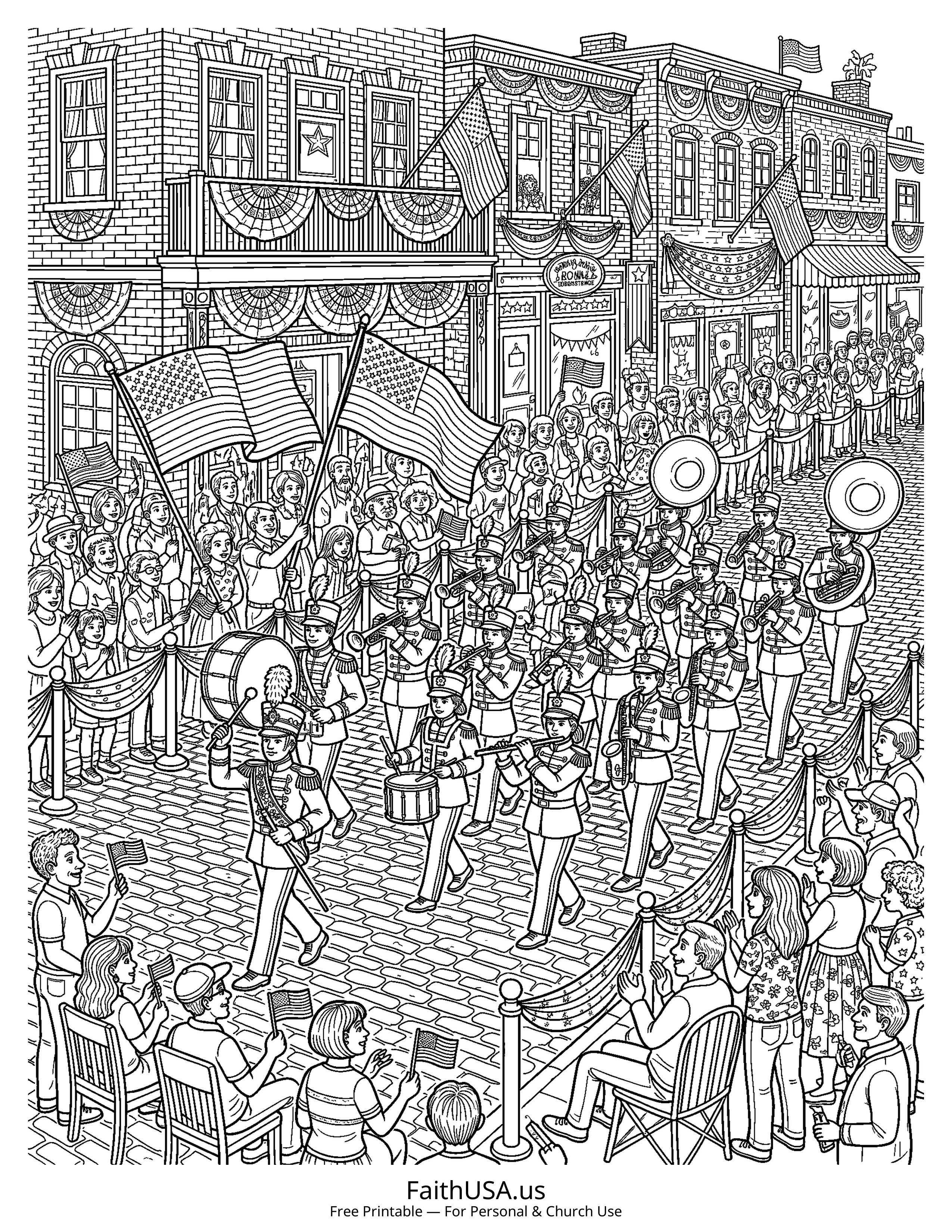 Free printable detailed Fourth of July parade coloring page PDF for Fourth of July classroom and family activities