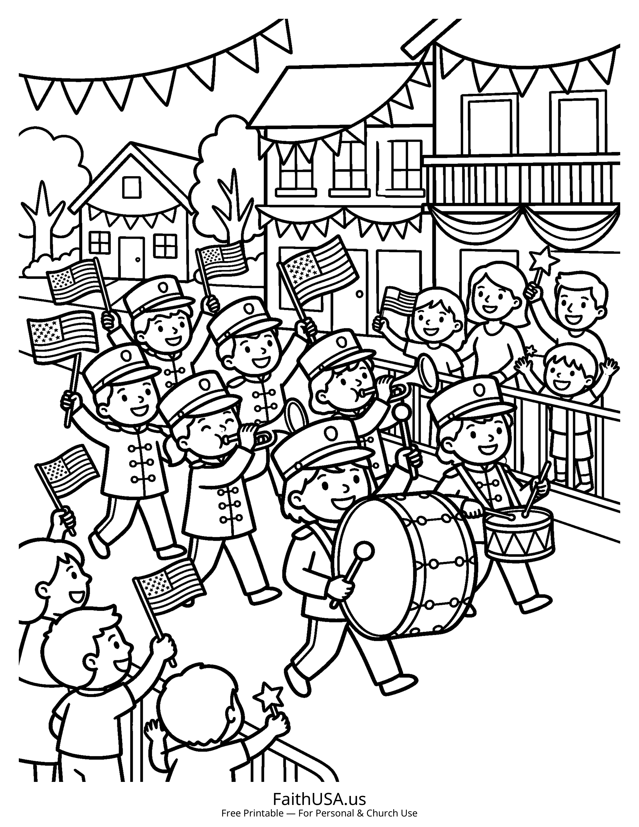 Free printable simple Fourth of July parade coloring page PDF for July 4th kids activities