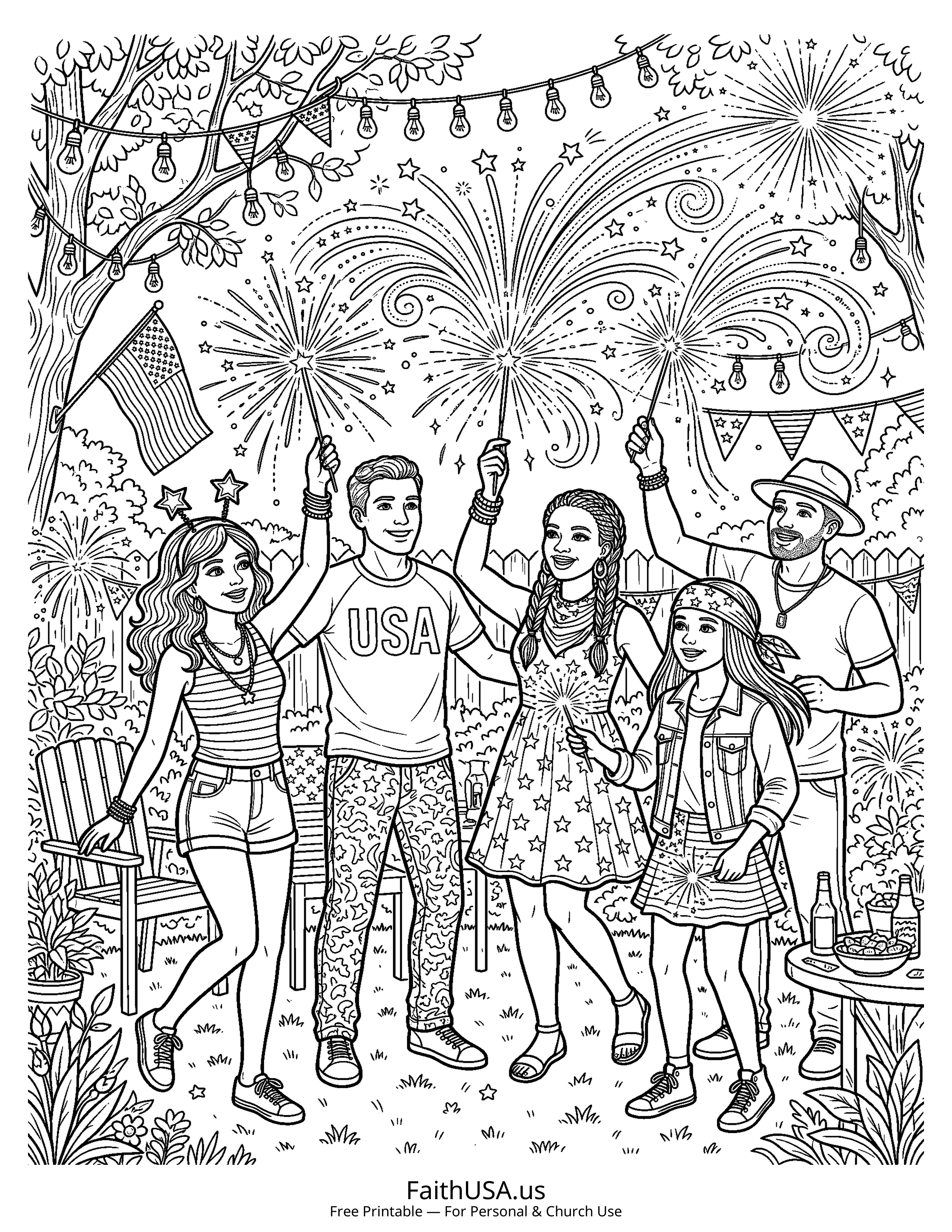 Free printable detailed Fourth of July sparklers coloring page PDF for Fourth of July classroom and family activities