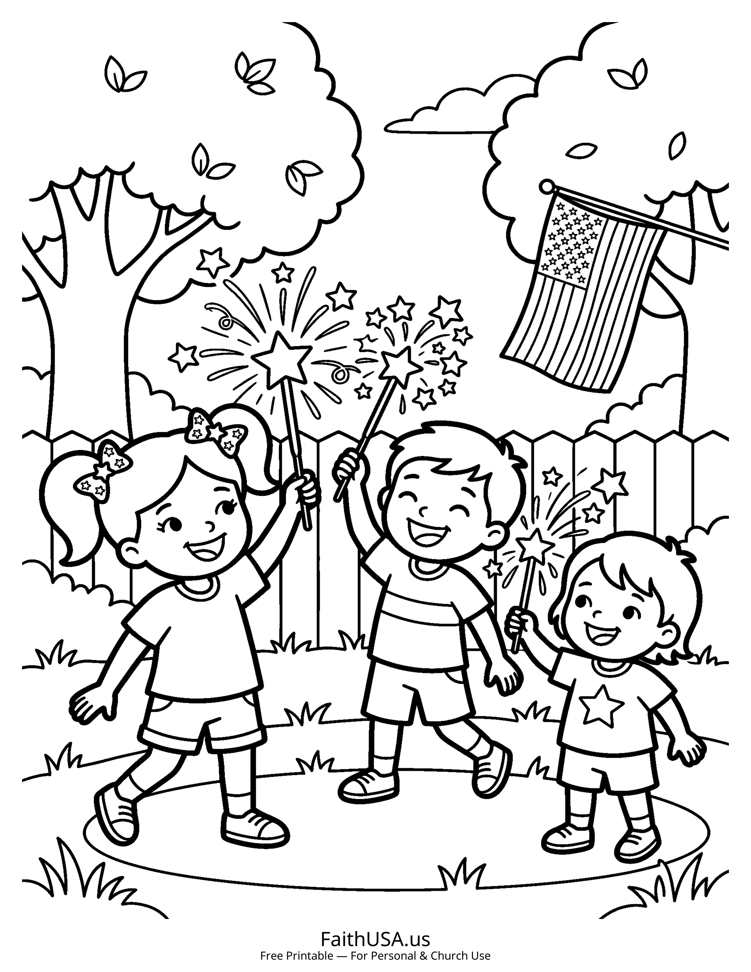 Free printable simple Fourth of July sparklers coloring page PDF for July 4th kids activities