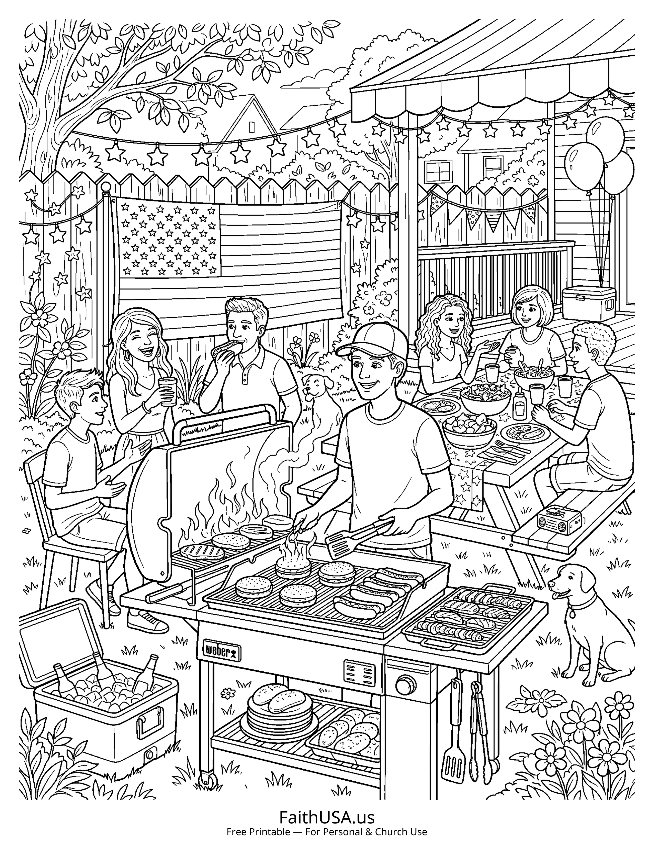 Free printable detailed Fourth of July cookout coloring page PDF for Fourth of July classroom and family activities