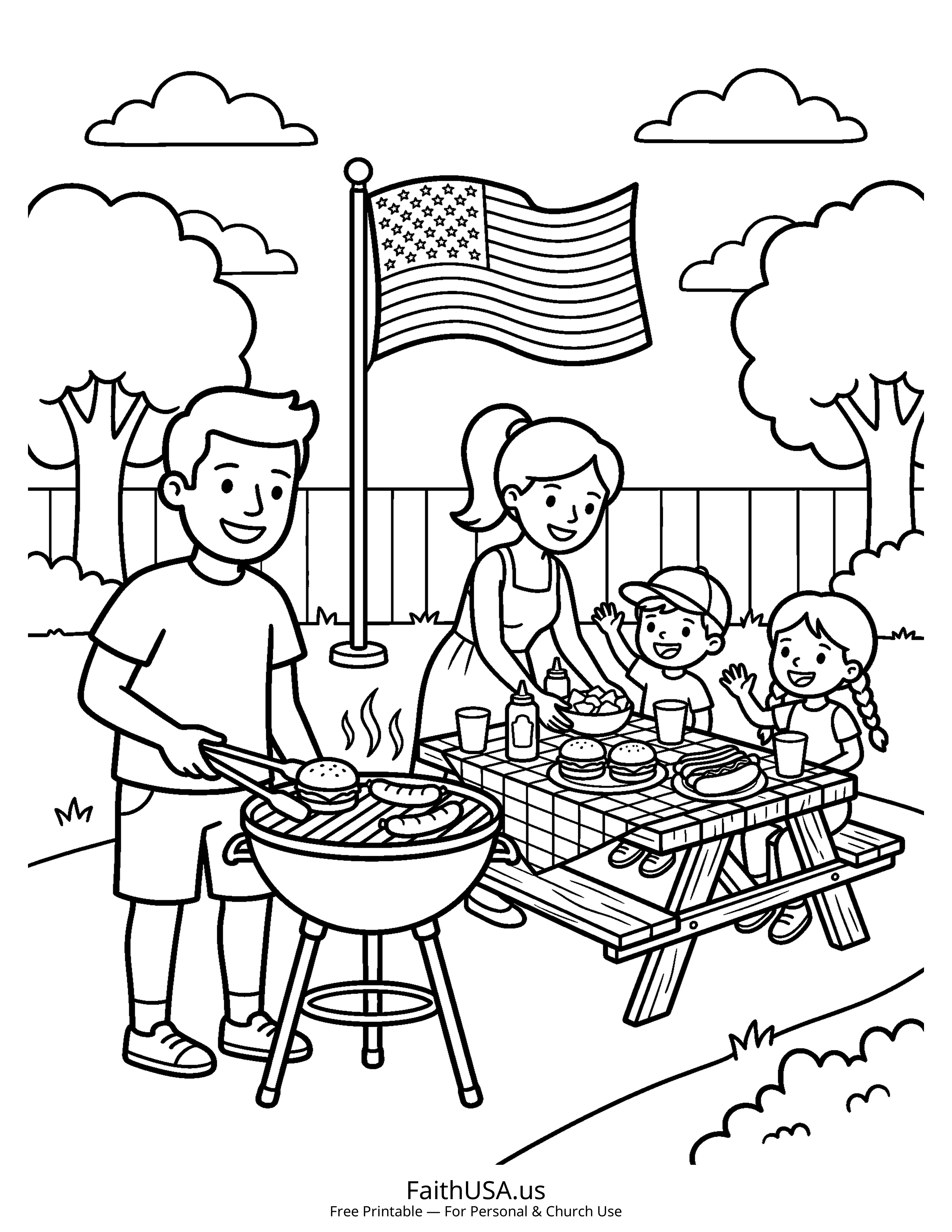 Free printable simple Fourth of July cookout coloring page PDF for July 4th kids activities