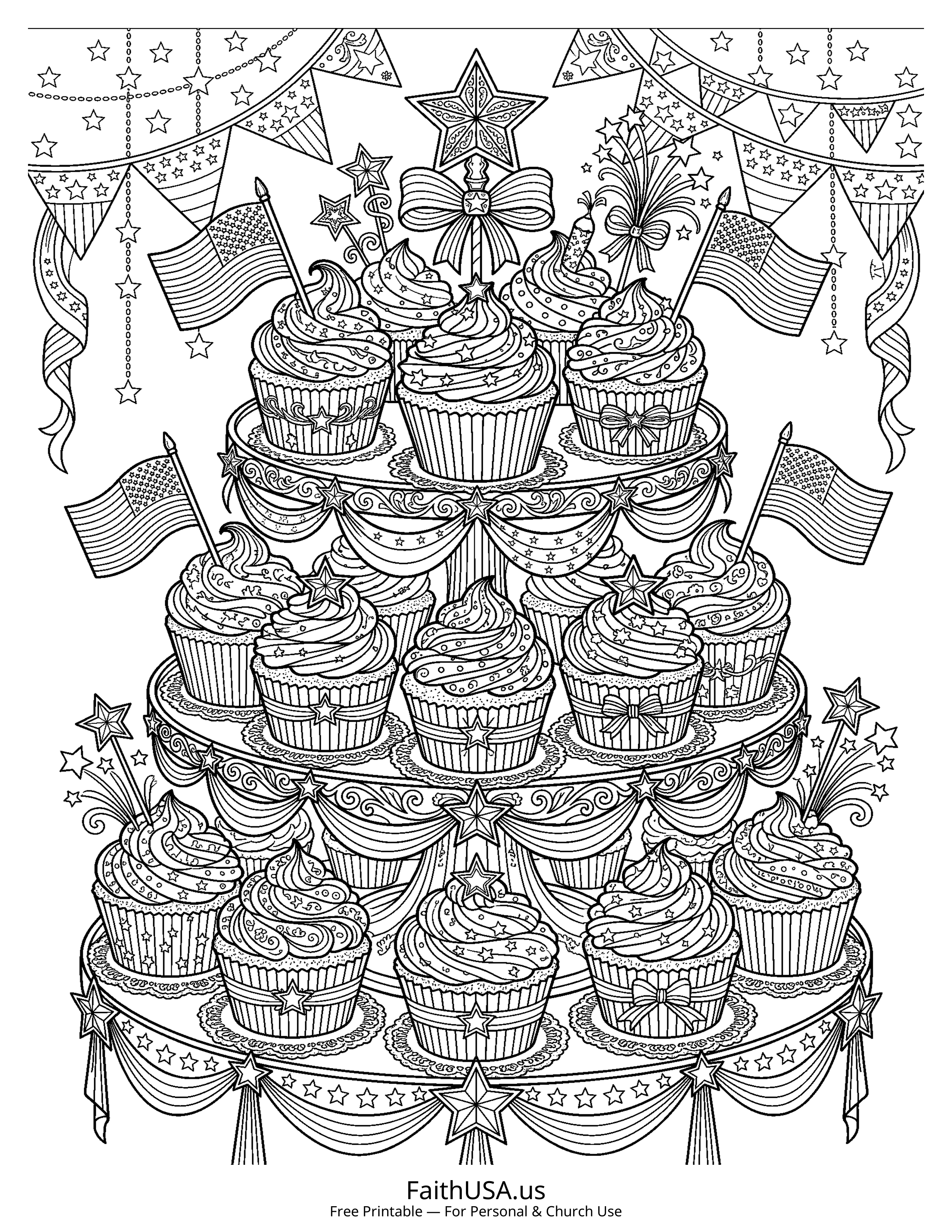 Free printable detailed patriotic cupcakes coloring page PDF for July 4th parties, cookouts, and kids summer activities