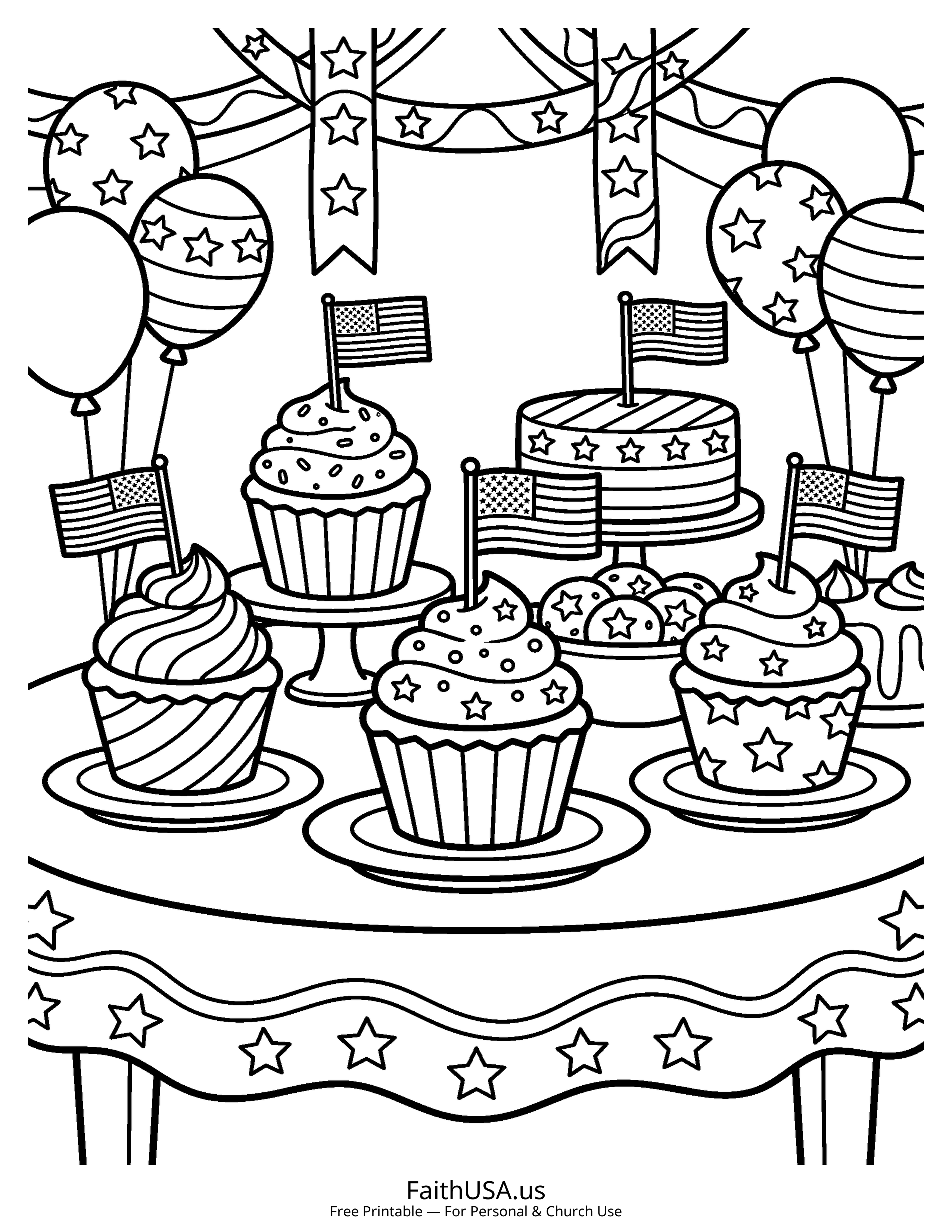 Free printable simple patriotic cupcakes coloring page PDF for July 4th parties, cookouts, and kids summer activities