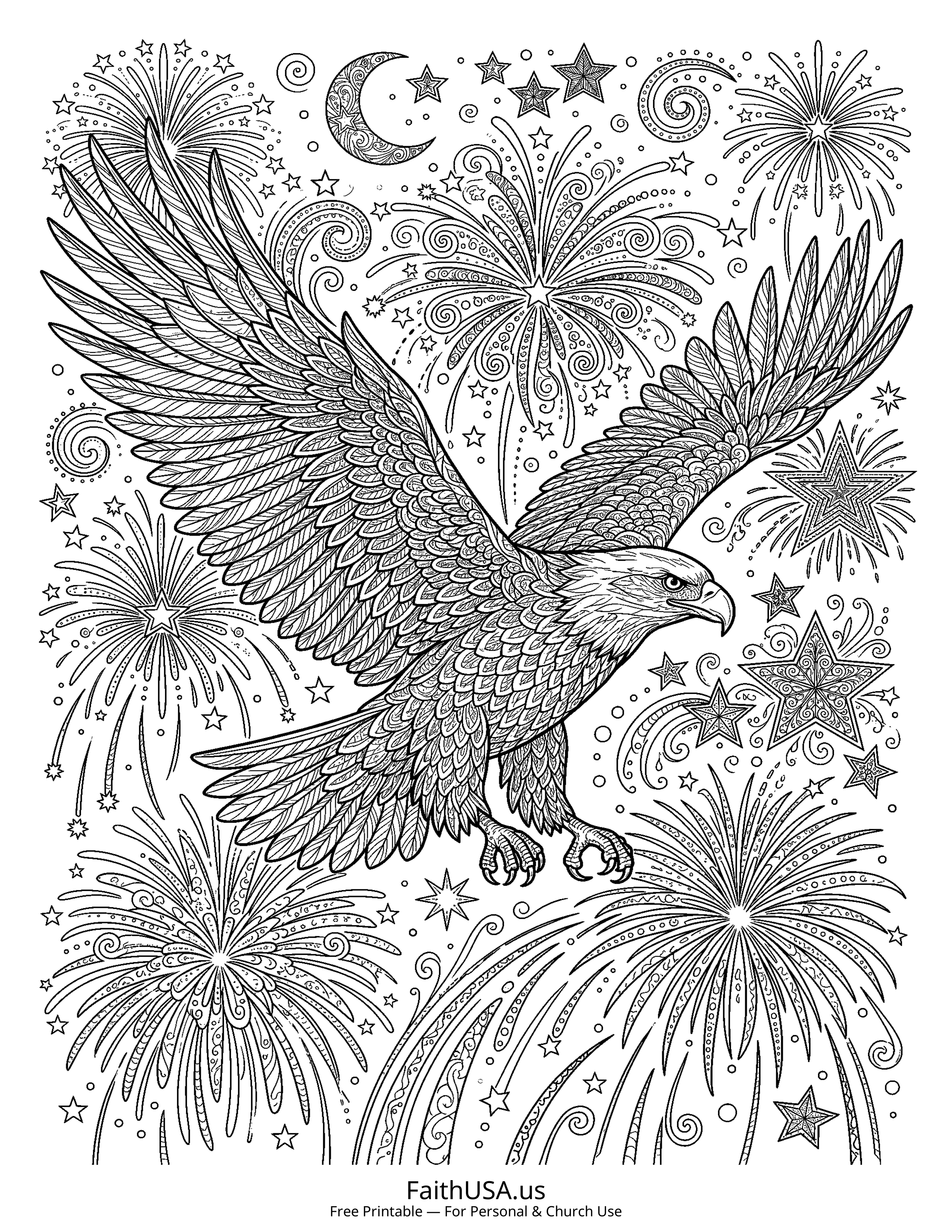 Free printable detailed Fourth of July fireworks coloring page PDF for Independence Day and American history lessons