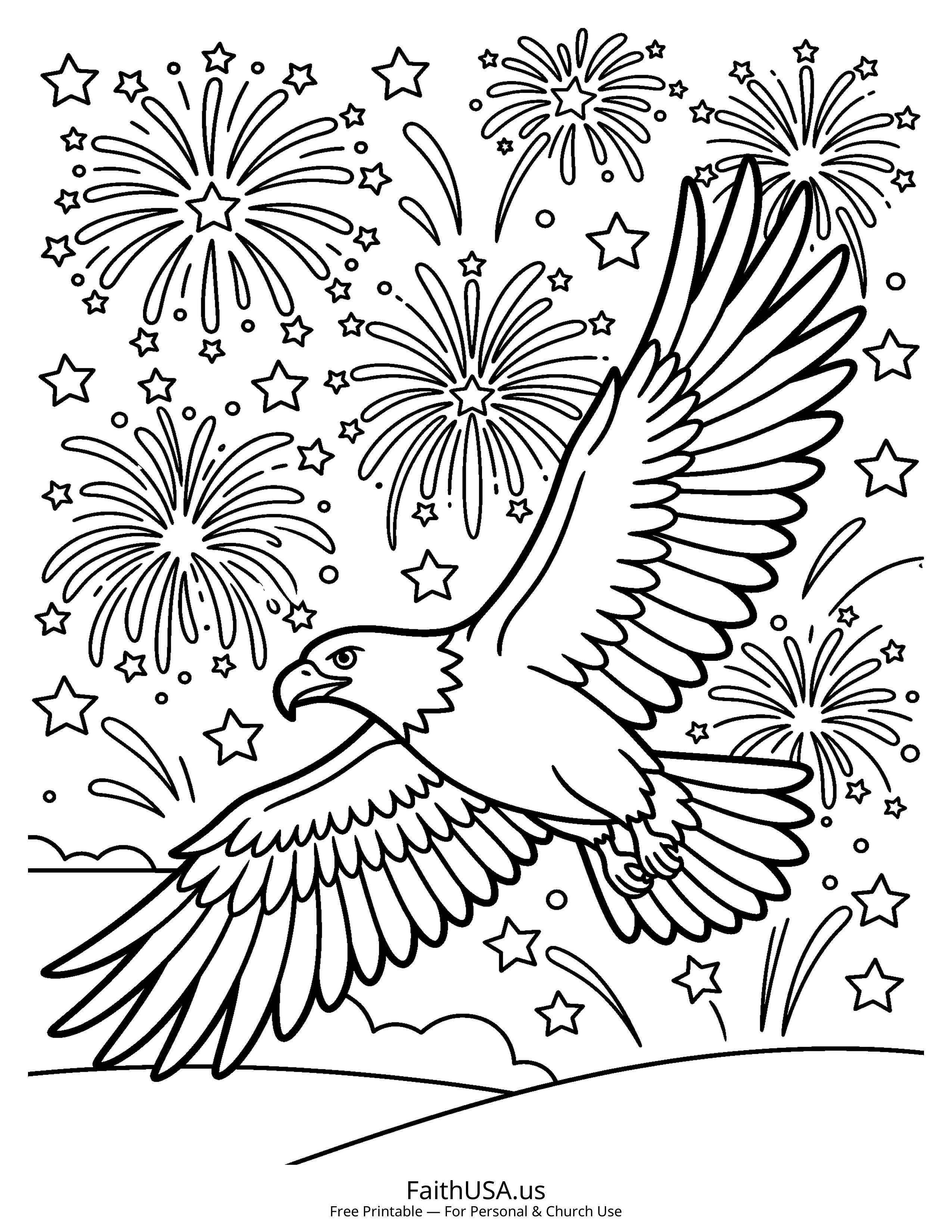 Free printable simple Fourth of July fireworks coloring page PDF for Independence Day and American history lessons