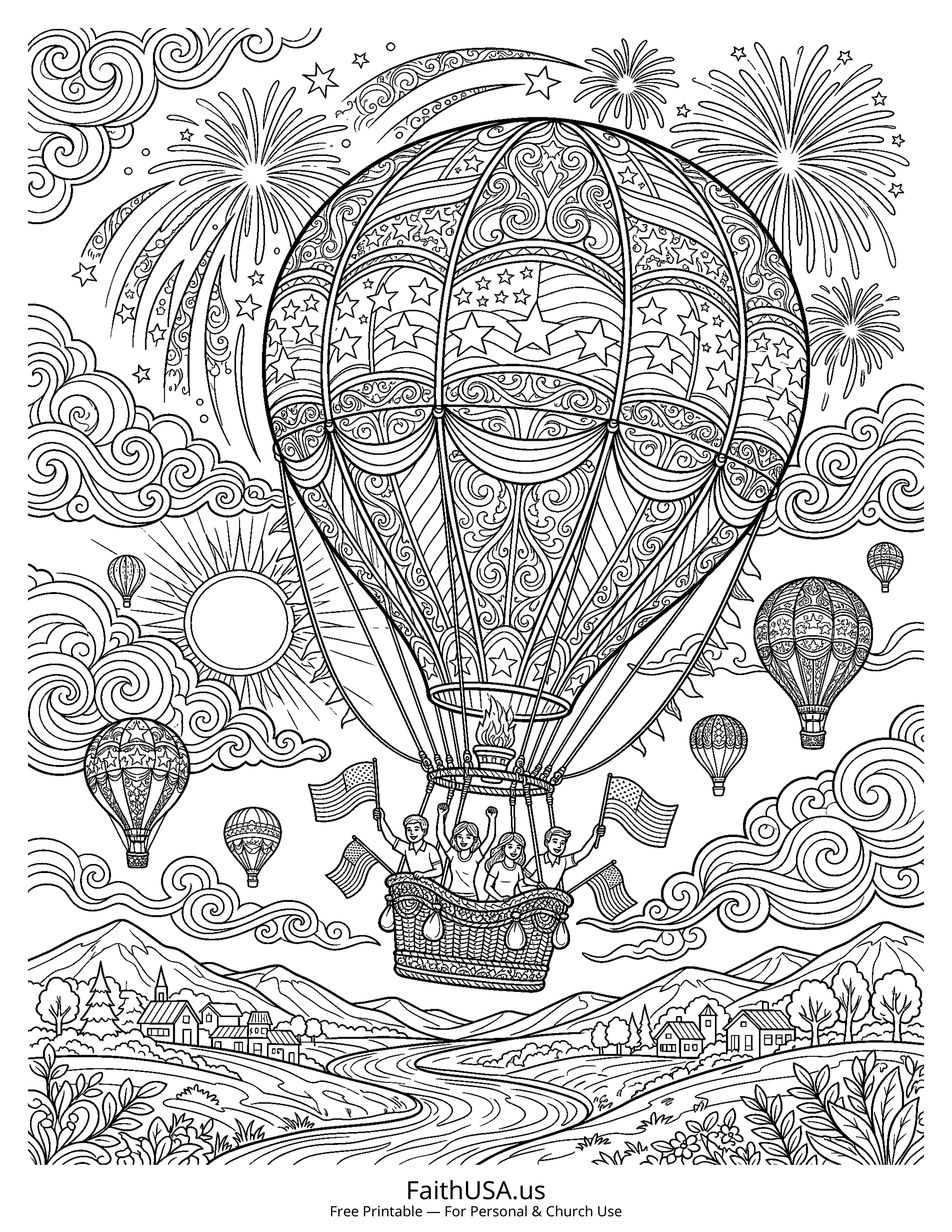 Free printable detailed patriotic hot air balloon coloring page PDF for Fourth of July parades, decorations, and summer activity packets