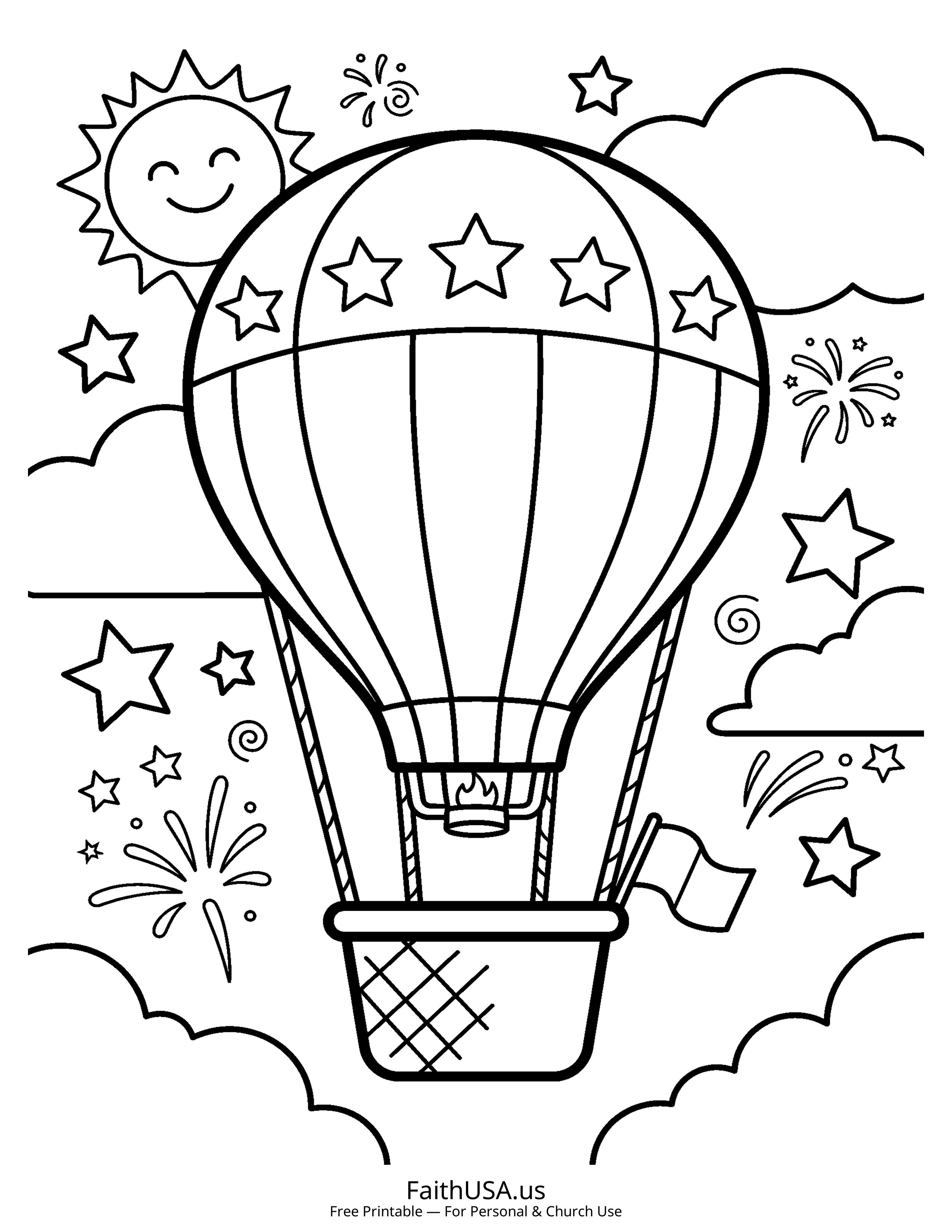 Free printable simple patriotic hot air balloon coloring page PDF for Fourth of July parades, decorations, and summer activity packets